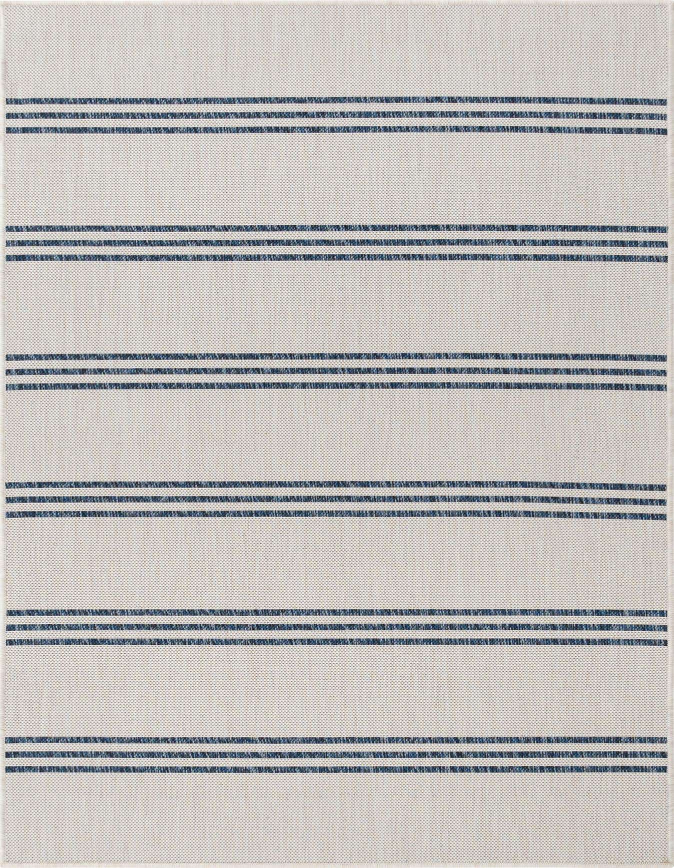 A 4x6 rectangular ivory and cream flatweave rug with thin navy blue horizontal stripes, suitable for indoor or outdoor use.