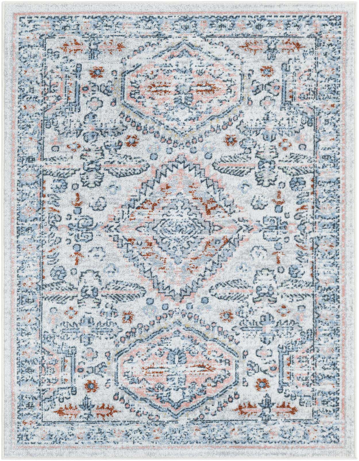 A 3x5 rectangular ivory and cream rug with a faded traditional medallion pattern in light blue, peach, and rust tones.