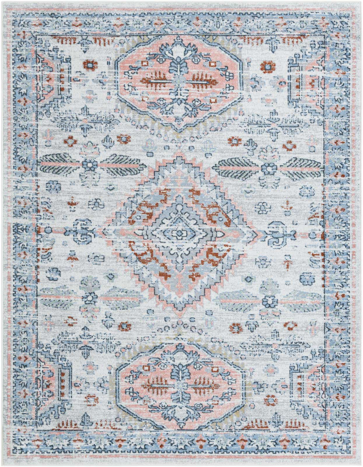 A 5x8 rectangular Kamala Washable rug featuring a distressed ivory, blue, and coral traditional medallion pattern.