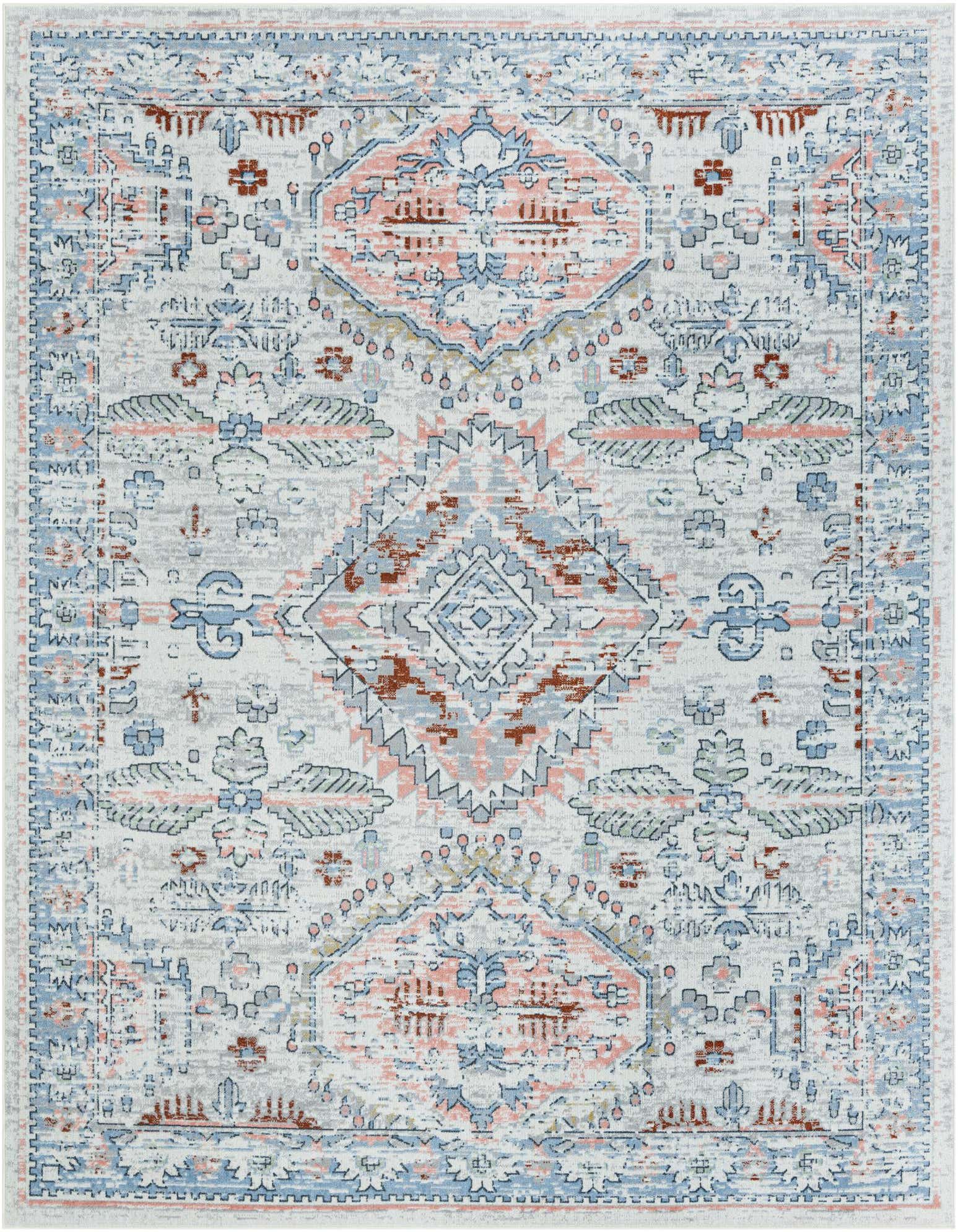 An 8x10 rectangular ivory and cream rug with a faded traditional medallion pattern in light blue and muted coral.