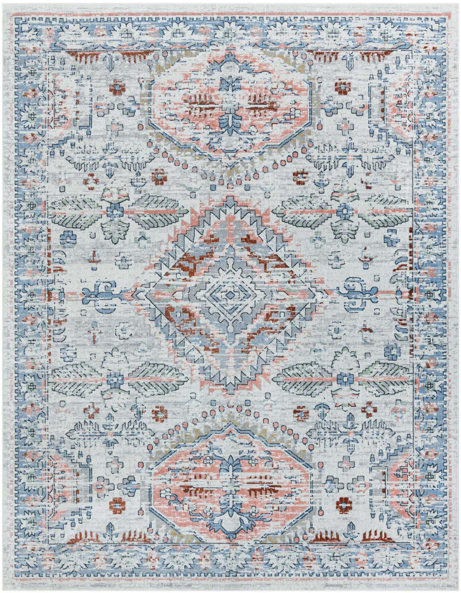A 9x12 rectangular Kamala Washable rug featuring a distressed traditional medallion pattern in ivory, cream, light blue, and muted coral.