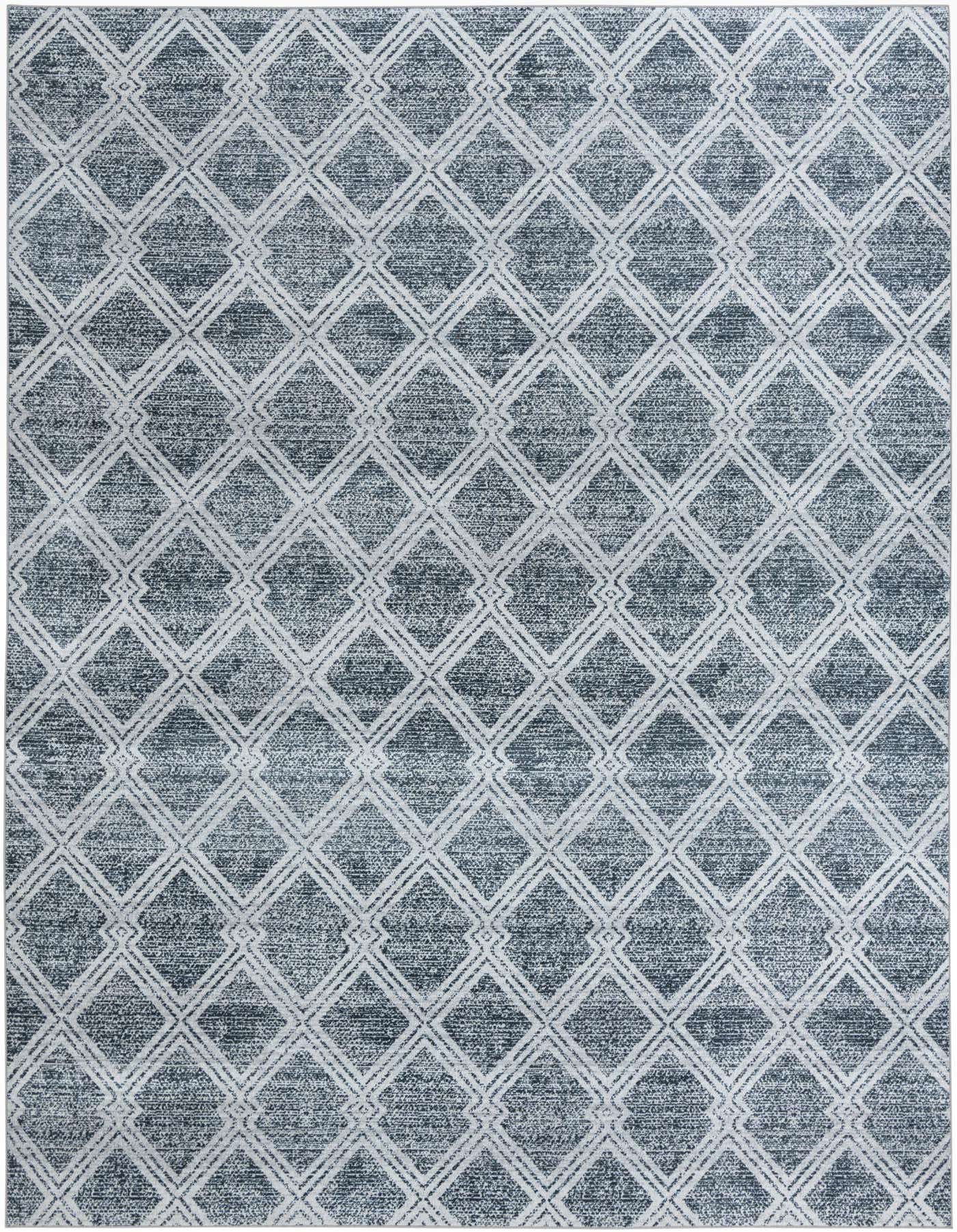 A 10x14 rectangular modern rug with an ivory geometric diamond pattern on a dark blue background.