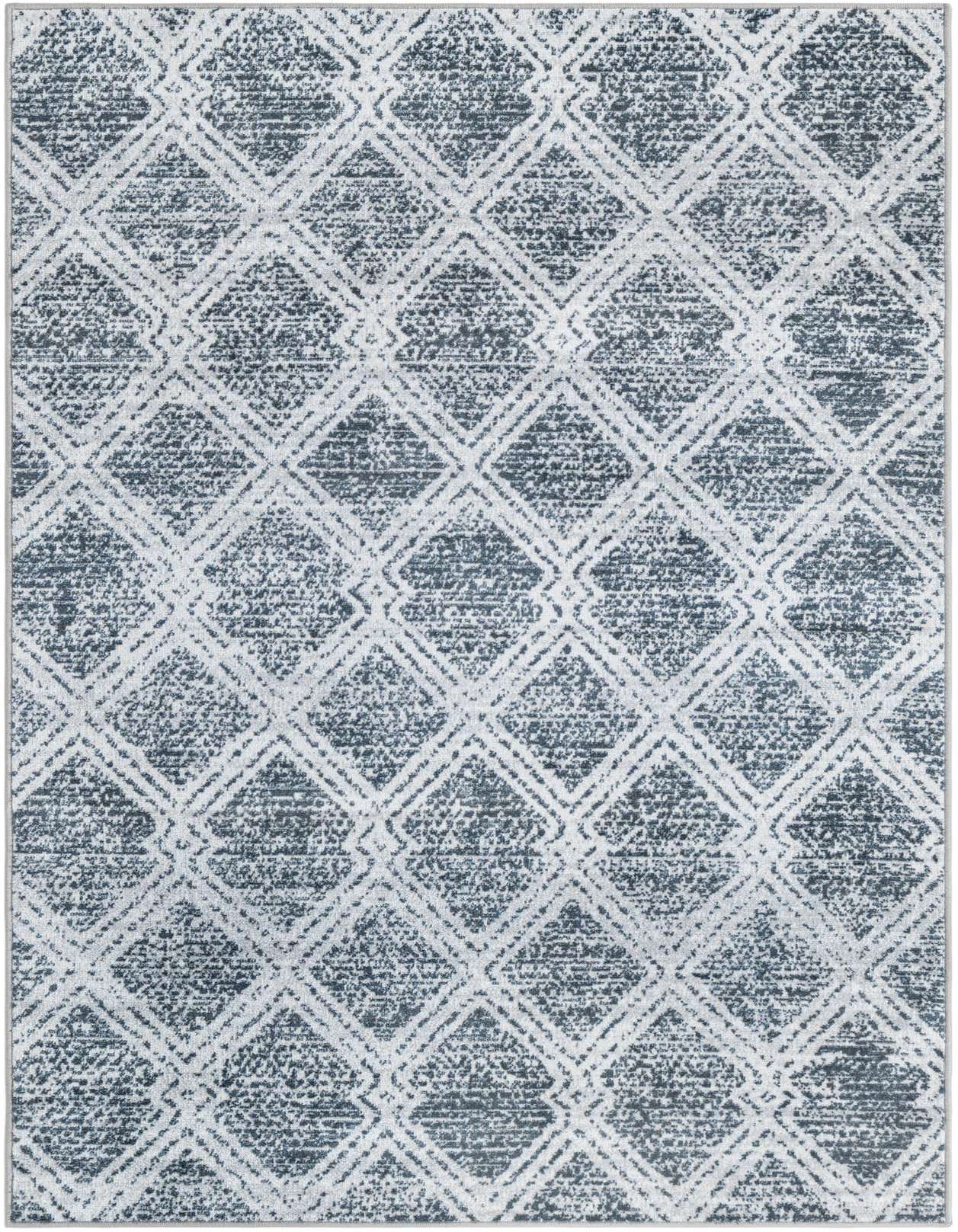 A 4x6 rectangular Kamala Washable rug featuring a distressed modern geometric diamond pattern in shades of ivory and cream.