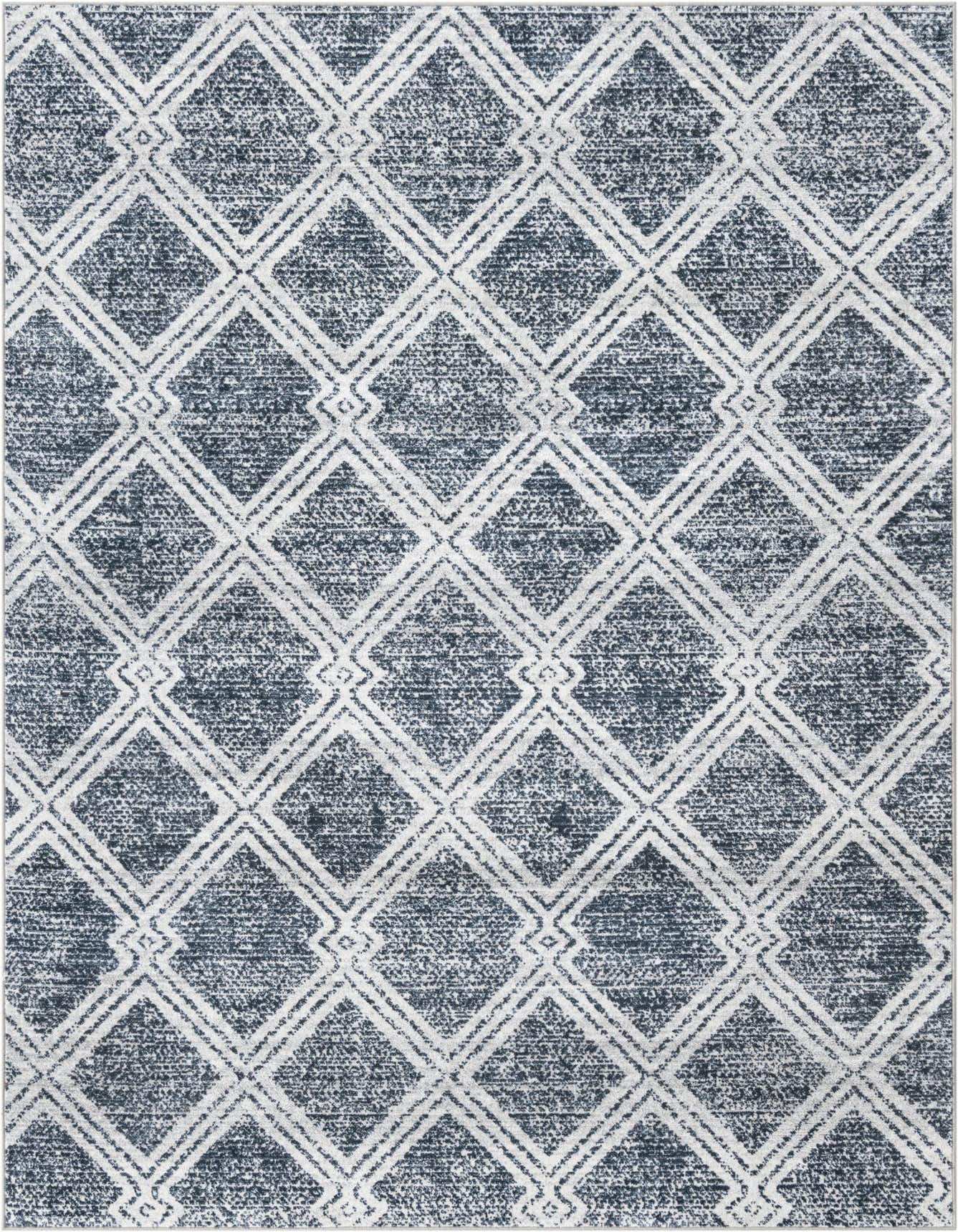 A 6x9 rectangular modern area rug featuring an ivory and cream geometric diamond pattern on a dark blue background.