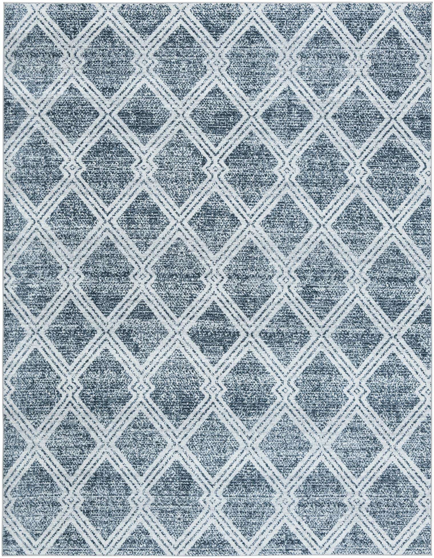 An 8x10 rectangular modern rug featuring a distressed ivory geometric diamond pattern on a dark blue background.