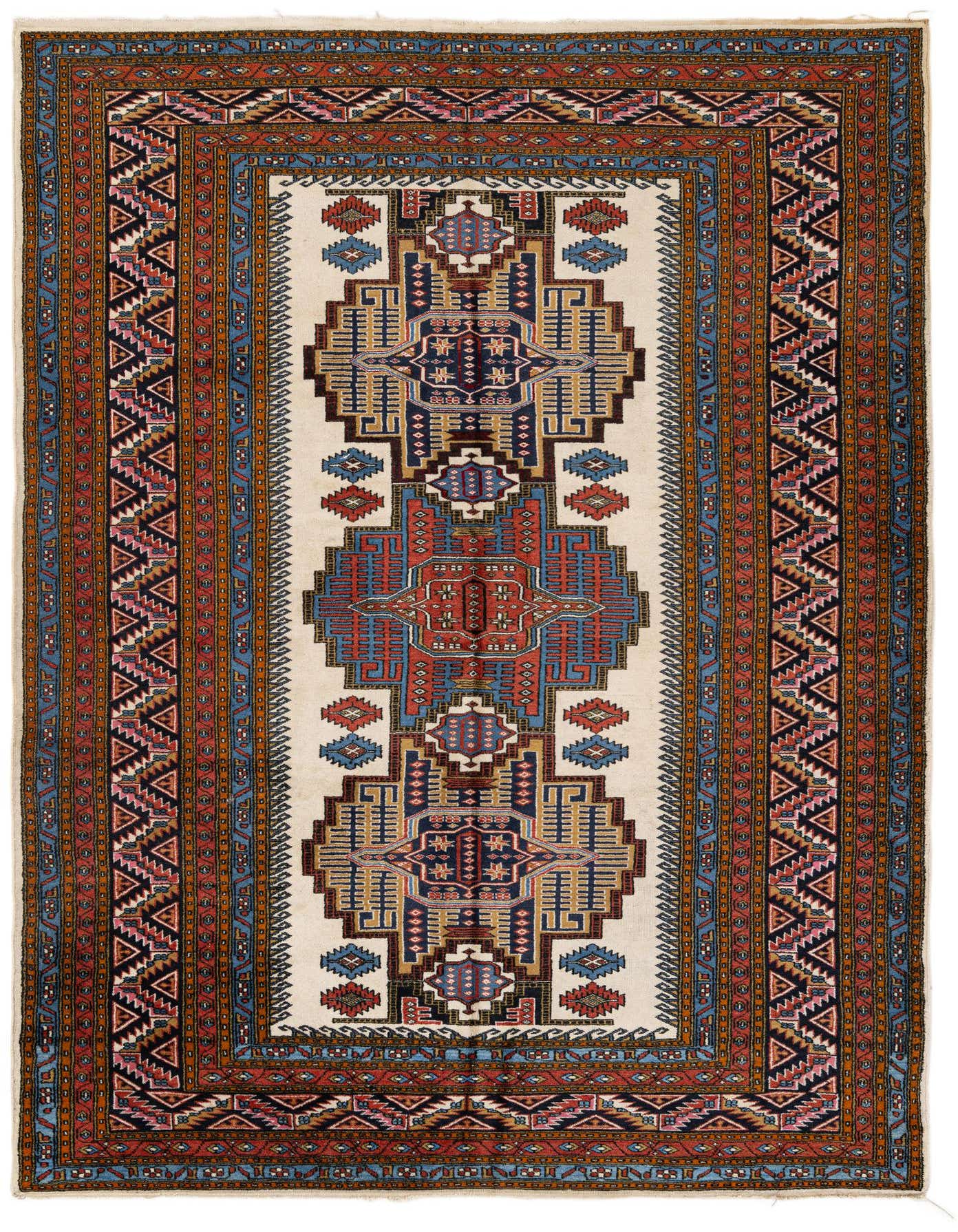 A 5x7 rectangular Kars tribal wool rug featuring a cream field with bold geometric patterns in red, blue, and brown.