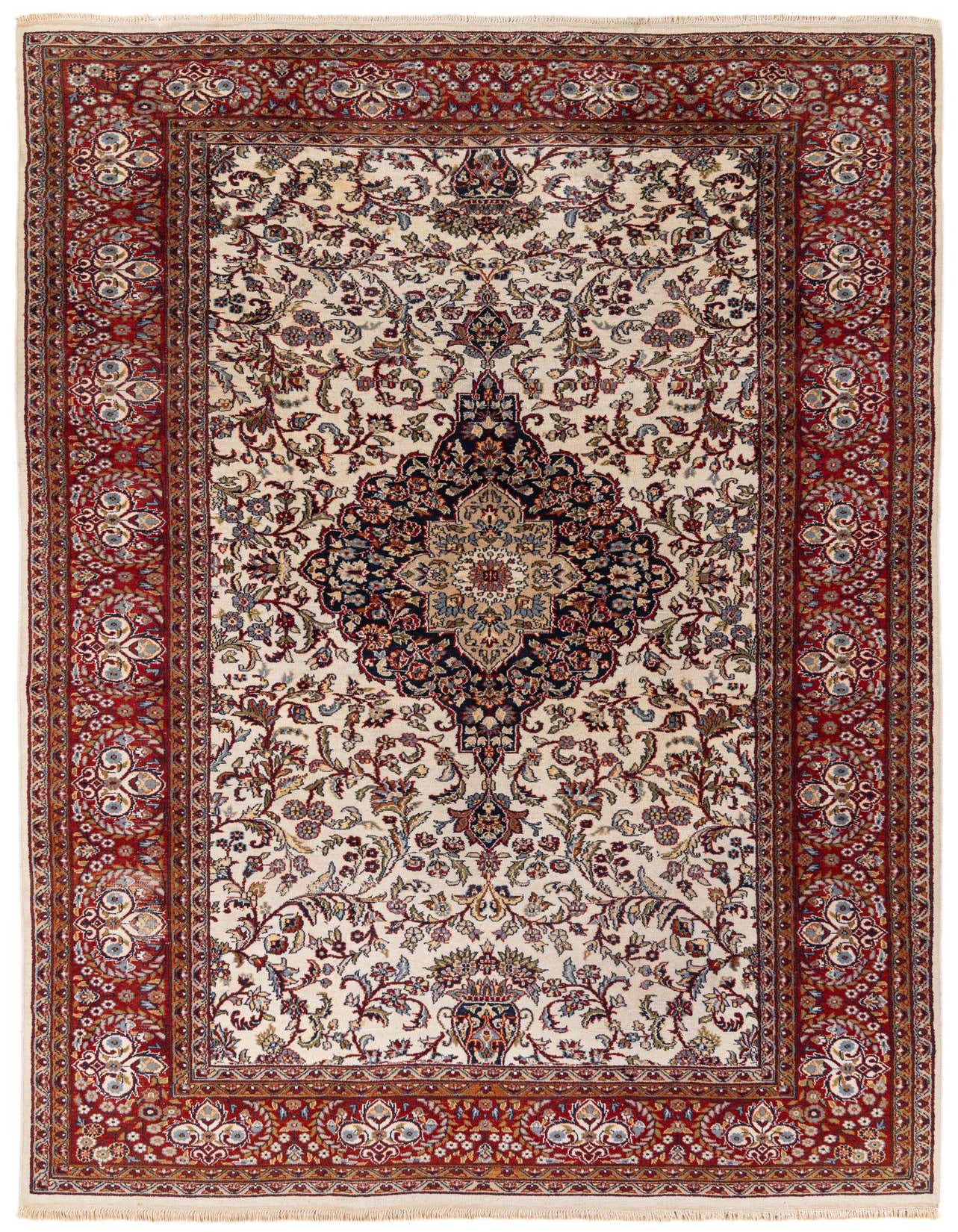A 7x10 rectangular ivory and red traditional Kashan rug with an ornate medallion pattern, perfect for a living room.