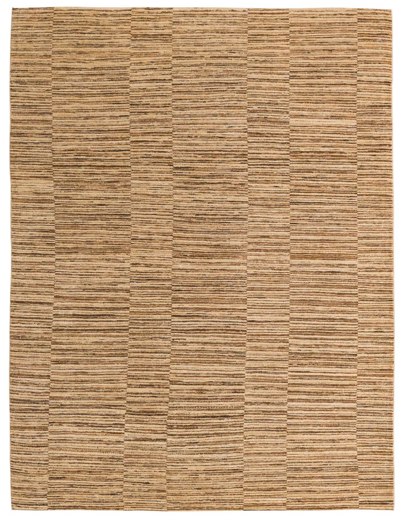A 5x8 rectangular Kashkuli Gabbeh rug from Rugs.com, featuring a modern stripe pattern in varying shades of ivory and cream, made from 100% wool.