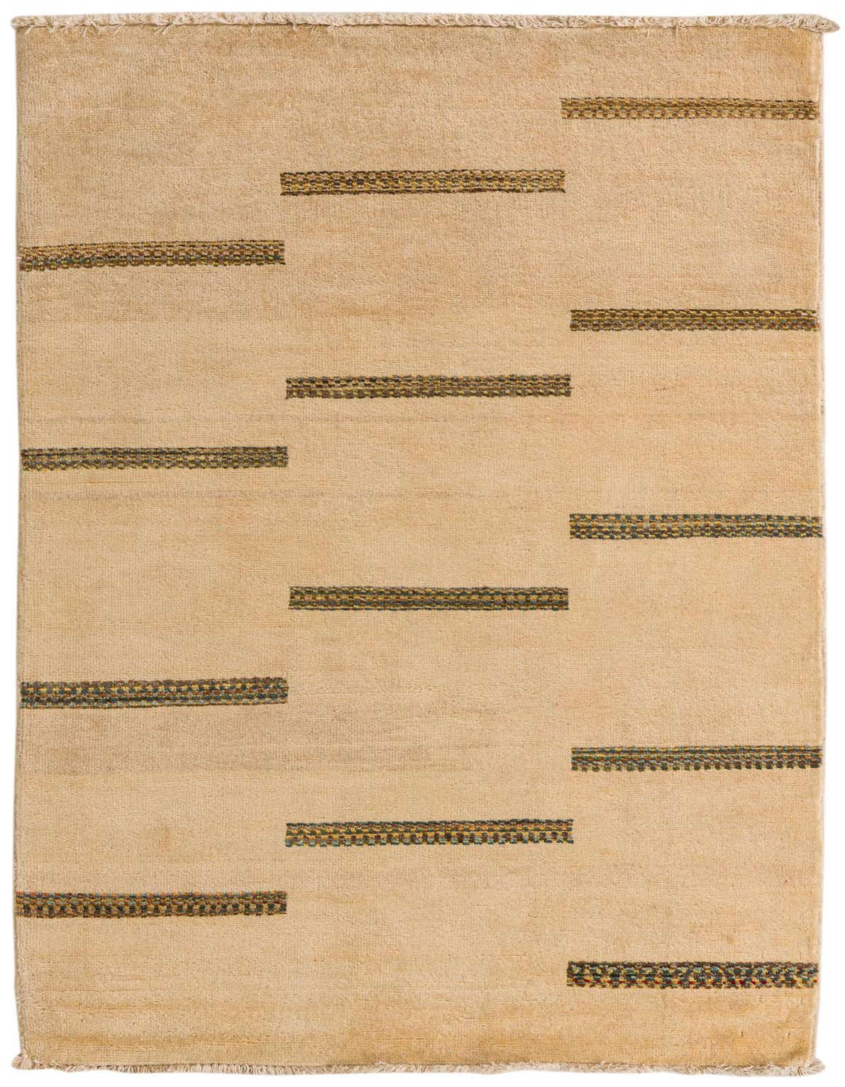 A 3x5 rectangular ivory wool rug with a modern abstract pattern of short, horizontal, multicolored stripes.