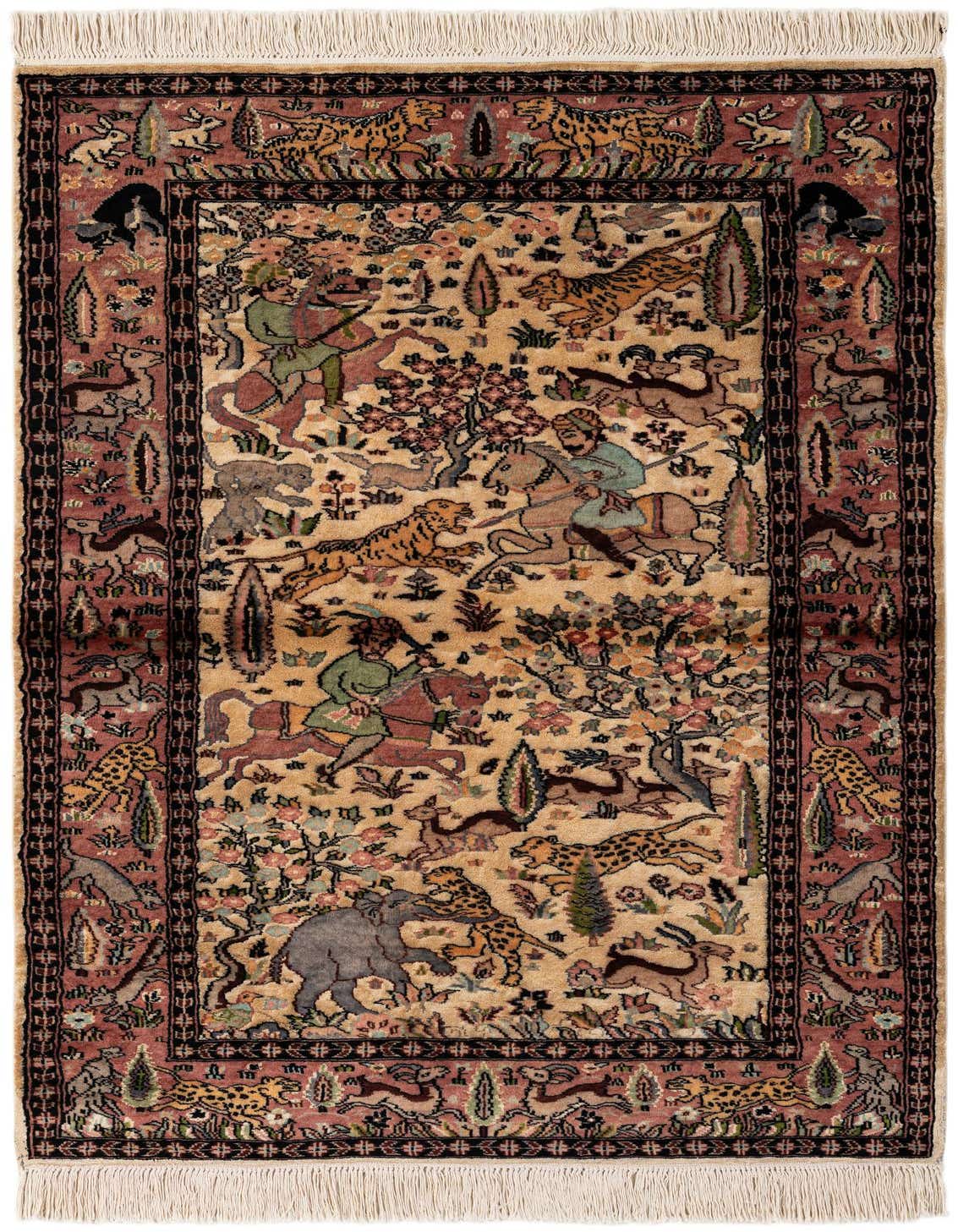 A 3x5 rectangular Kashmir rug featuring a detailed traditional hunting scene with riders, tigers, and elephants on an ivory field with a red border.