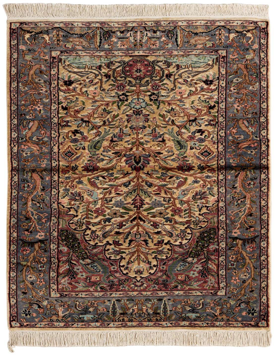 A 3x5 rectangular Kashmir collection rug featuring an ivory and cream field with intricate floral and vine patterns in various colors, bordered by a blue-gray frame with smaller motifs and fringed ends.
