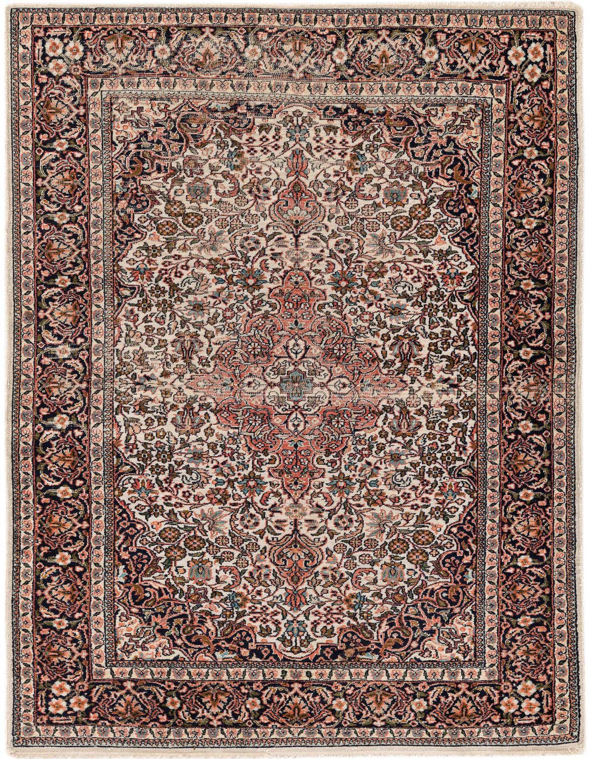 A 3x5 rectangular Kashmir wool rug featuring a traditional ivory and cream background with intricate floral patterns in shades of pink, blue, and green, bordered by a dark navy and pink design.