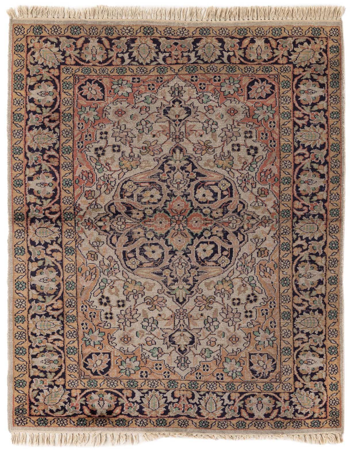 A 3x5 rectangular Kashmir Oriental rug in ivory and cream with intricate floral and medallion patterns, featuring fringe.