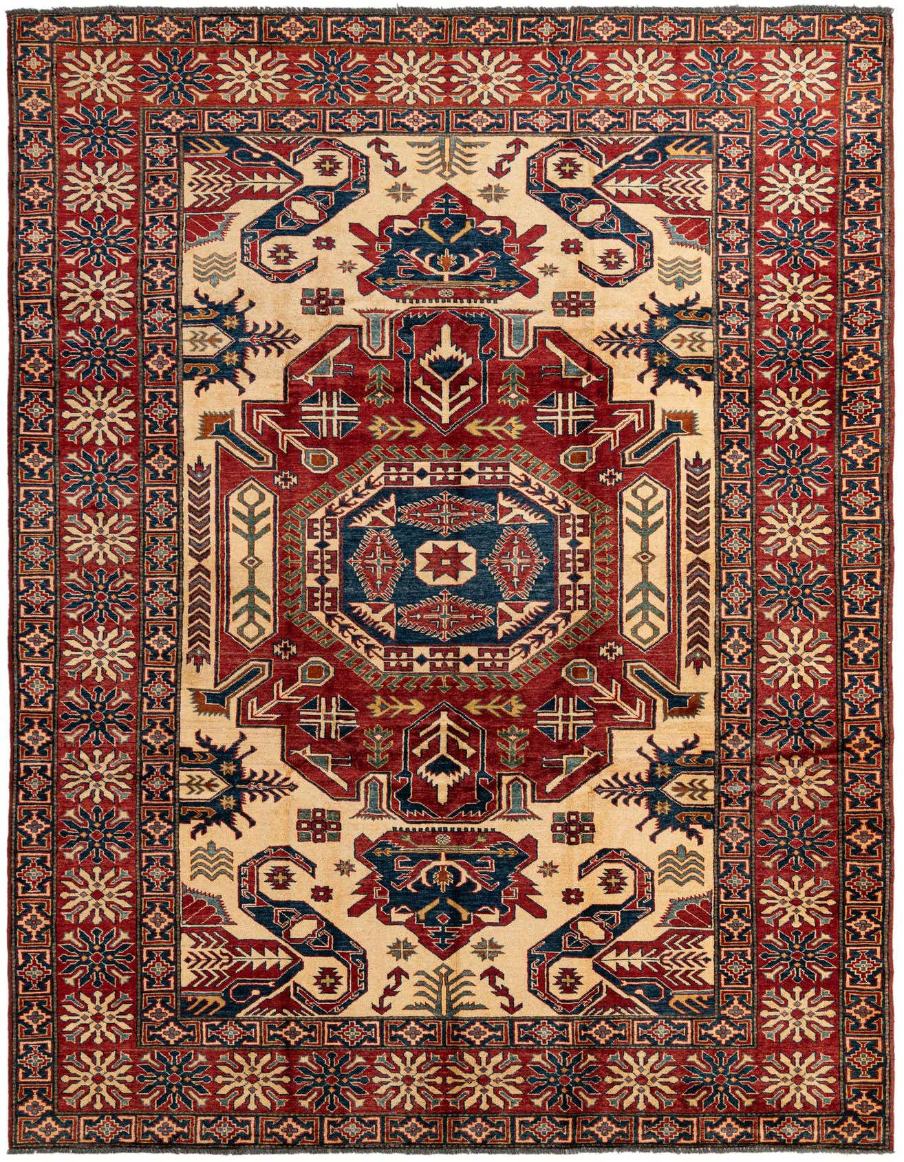 An 8x11 rectangular Kazak rug with a traditional medallion pattern in ivory, red, and blue, suitable for a living room.