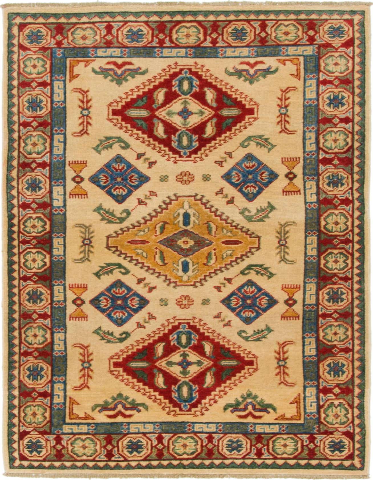 A 3x5 rectangular ivory Kazak rug with a central medallion, tribal motifs, and a red, blue, and green border.
