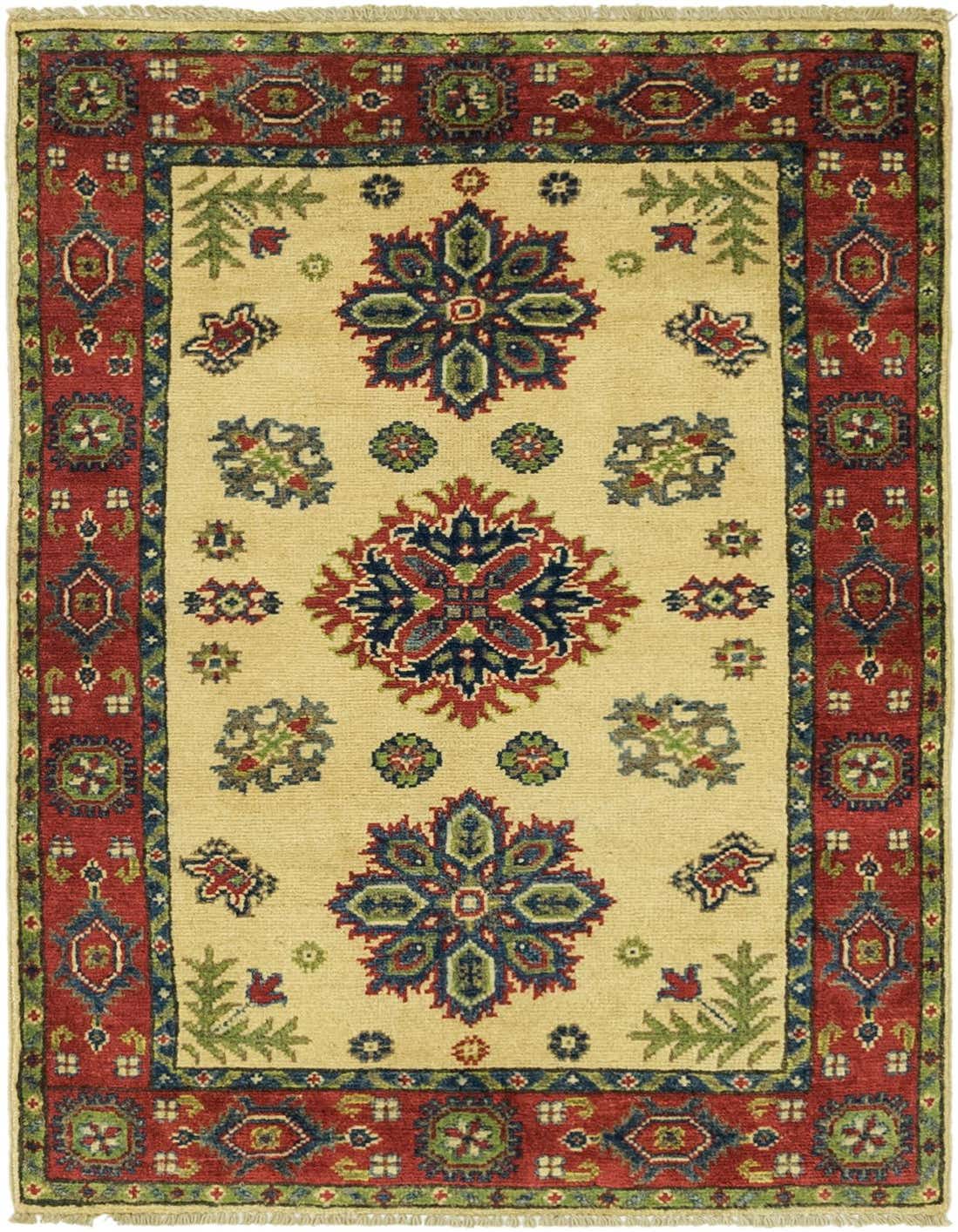 A 3x4 rectangular ivory wool rug with a traditional tribal medallion pattern in red, blue, and green, featuring a thin pile.