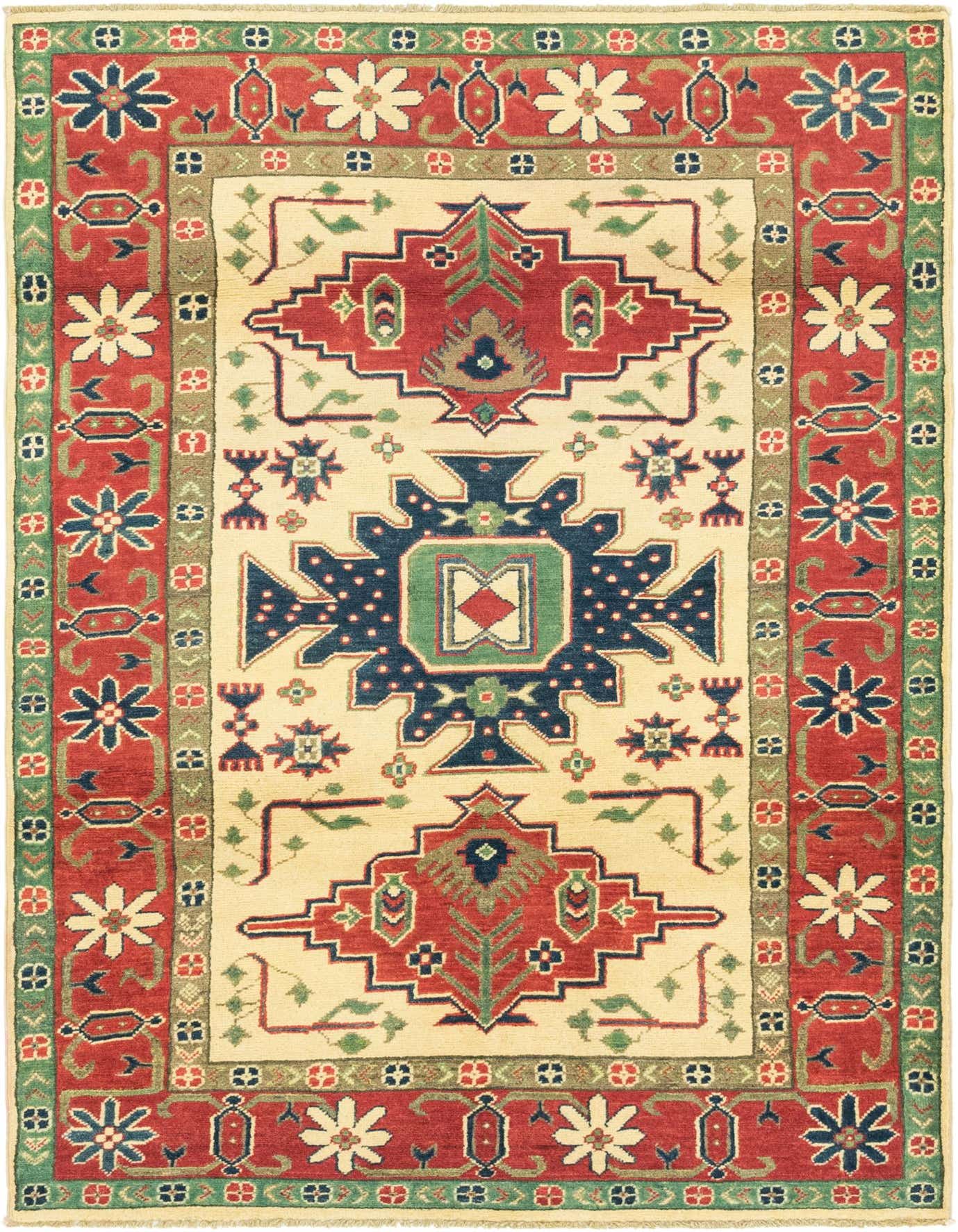 A 4x6 rectangular ivory rug with a red and navy tribal medallion pattern, ideal for a living room.