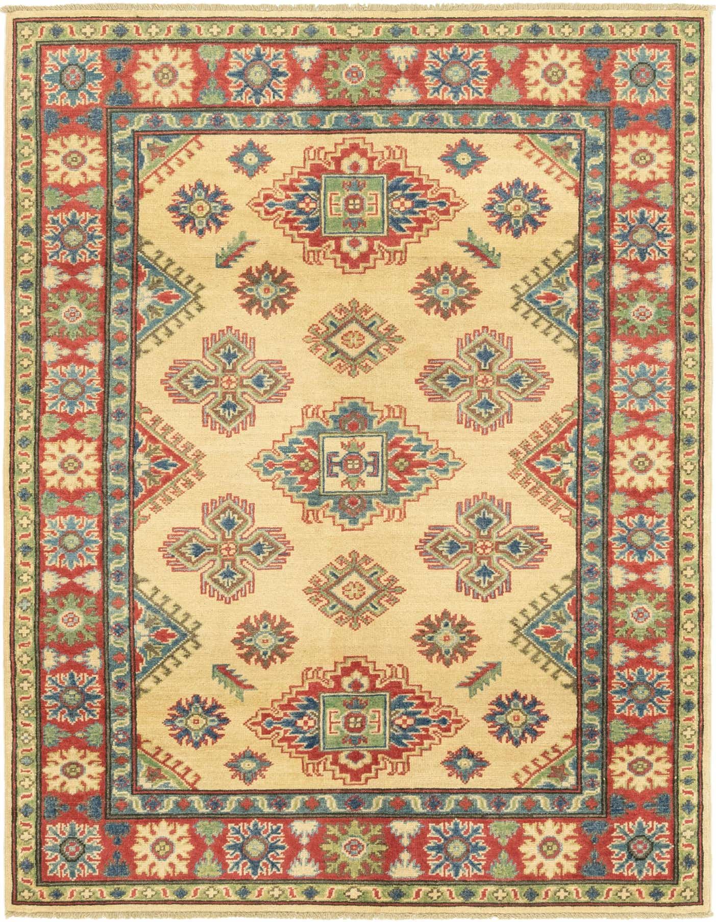 A 4x6 rectangular ivory Kazak rug with traditional tribal patterns in red, blue, and green, suitable for a living room.