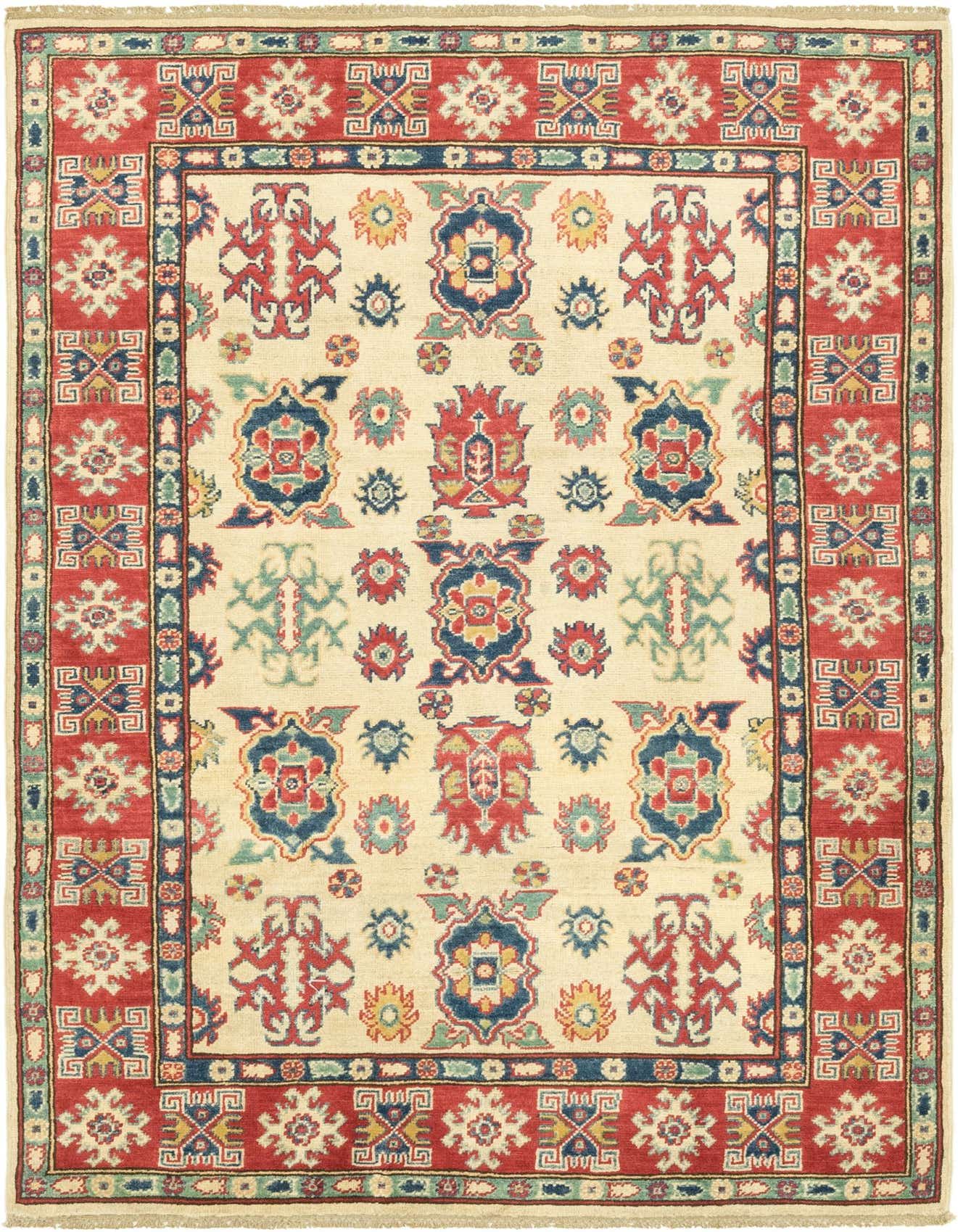 A 4x6 rectangular ivory rug with a traditional tribal pattern in red, blue, and green, featuring a bold red border.