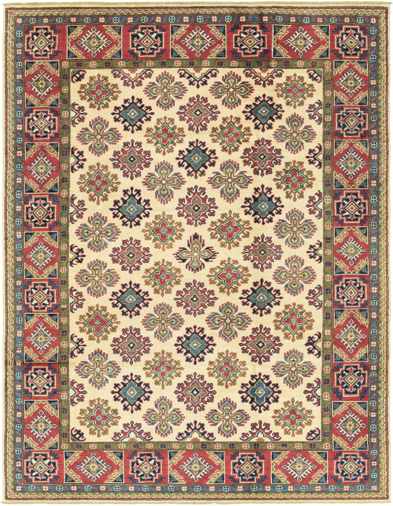 A 6x9 rectangular Rugs.com Kazak rug with an ivory field and a traditional Southwestern pattern in red, blue, and green.