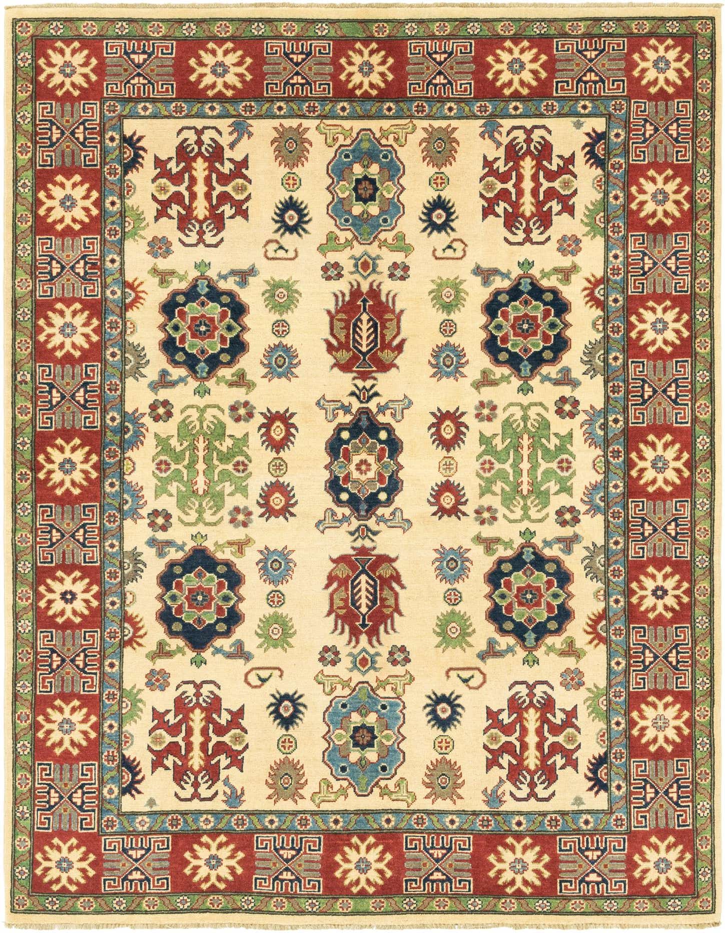 A 6x9 rectangular ivory tribal rug with a red border, featuring intricate blue, green, and red motifs.