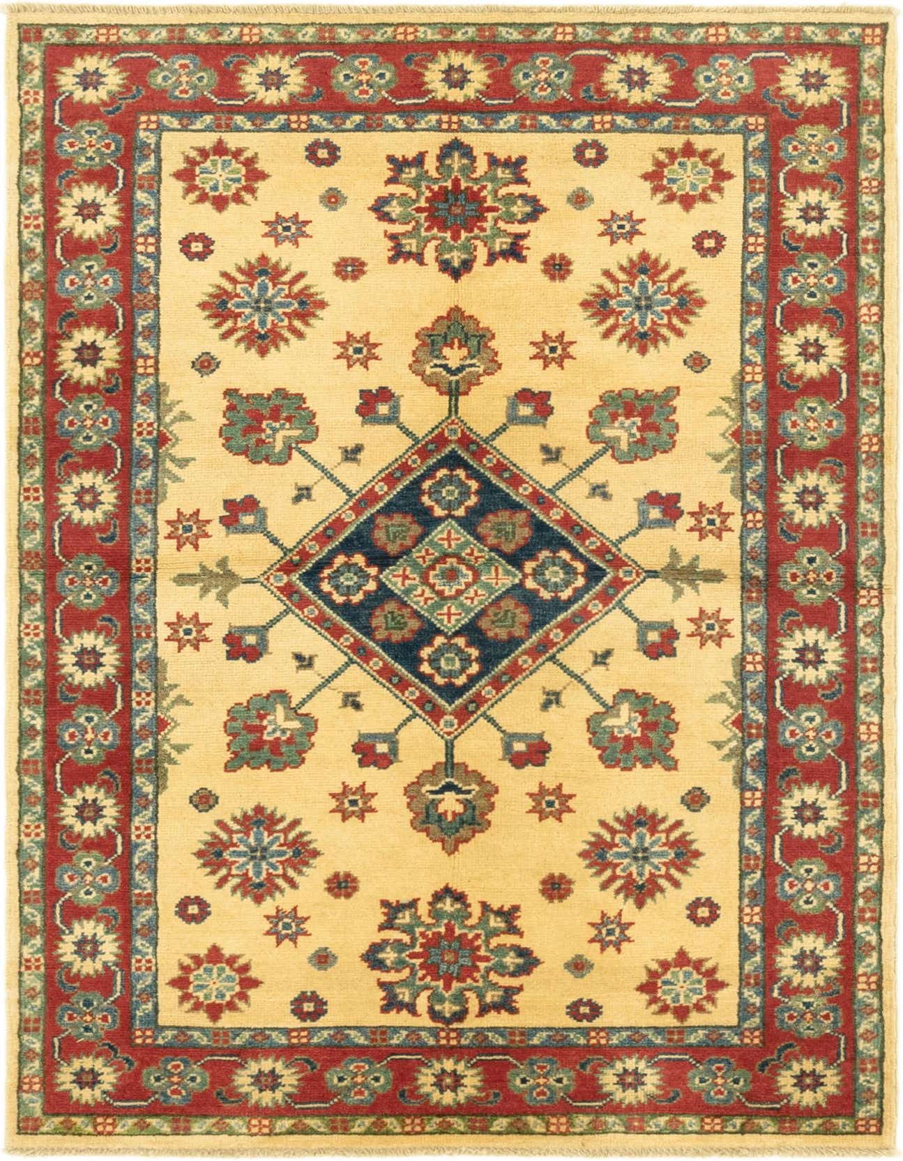 A 3x5 rectangular ivory and red traditional Kazak rug with a central medallion and tribal floral patterns.
