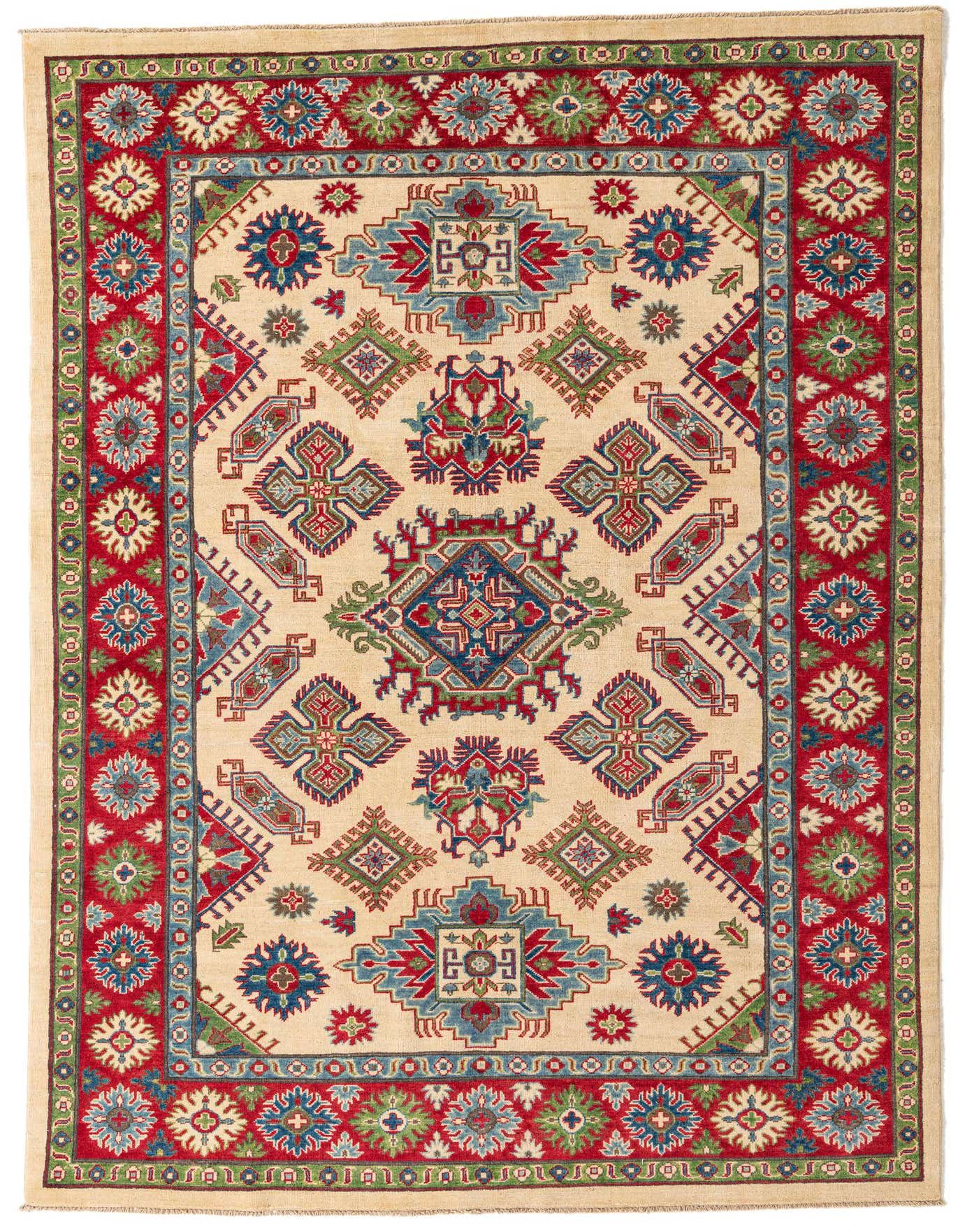 A 6x9 rectangular ivory Southwestern rug with a bold red border and intricate blue, green, and red geometric patterns.