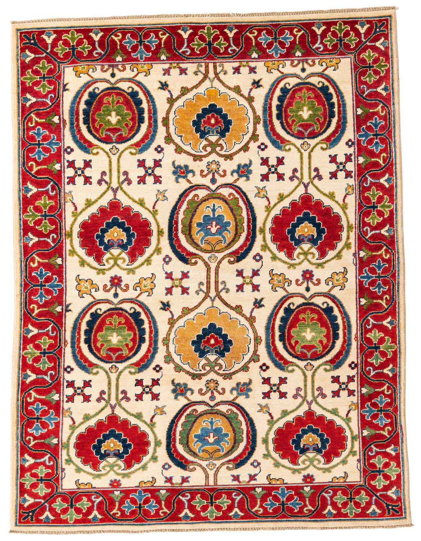 A 5x7 rectangular ivory rug with a vibrant traditional Oriental pattern featuring red, blue, green, and yellow floral motifs and a bold red border.