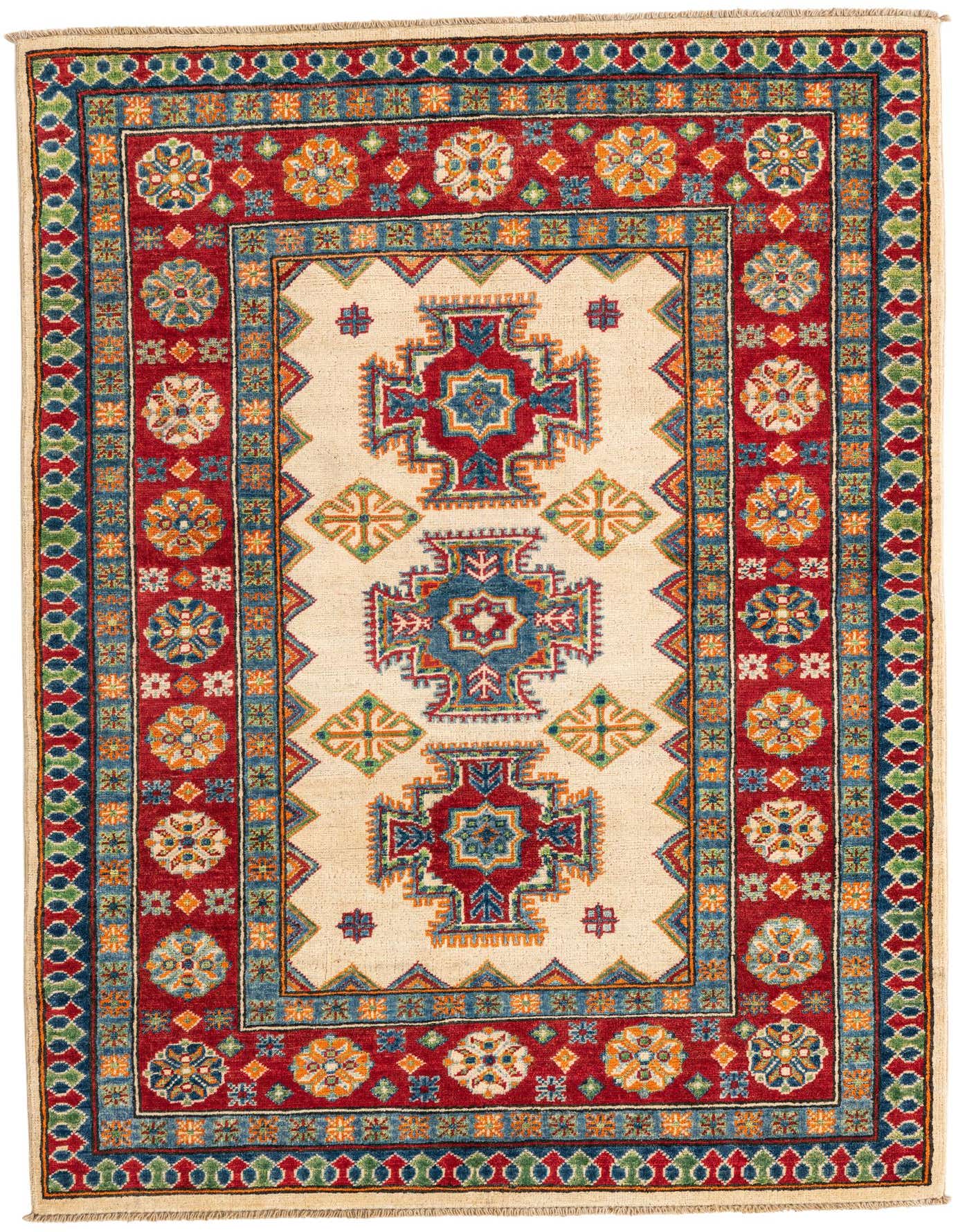 A 4x6 rectangular ivory Kazak rug with a traditional Southwestern medallion pattern in red, blue, and orange.