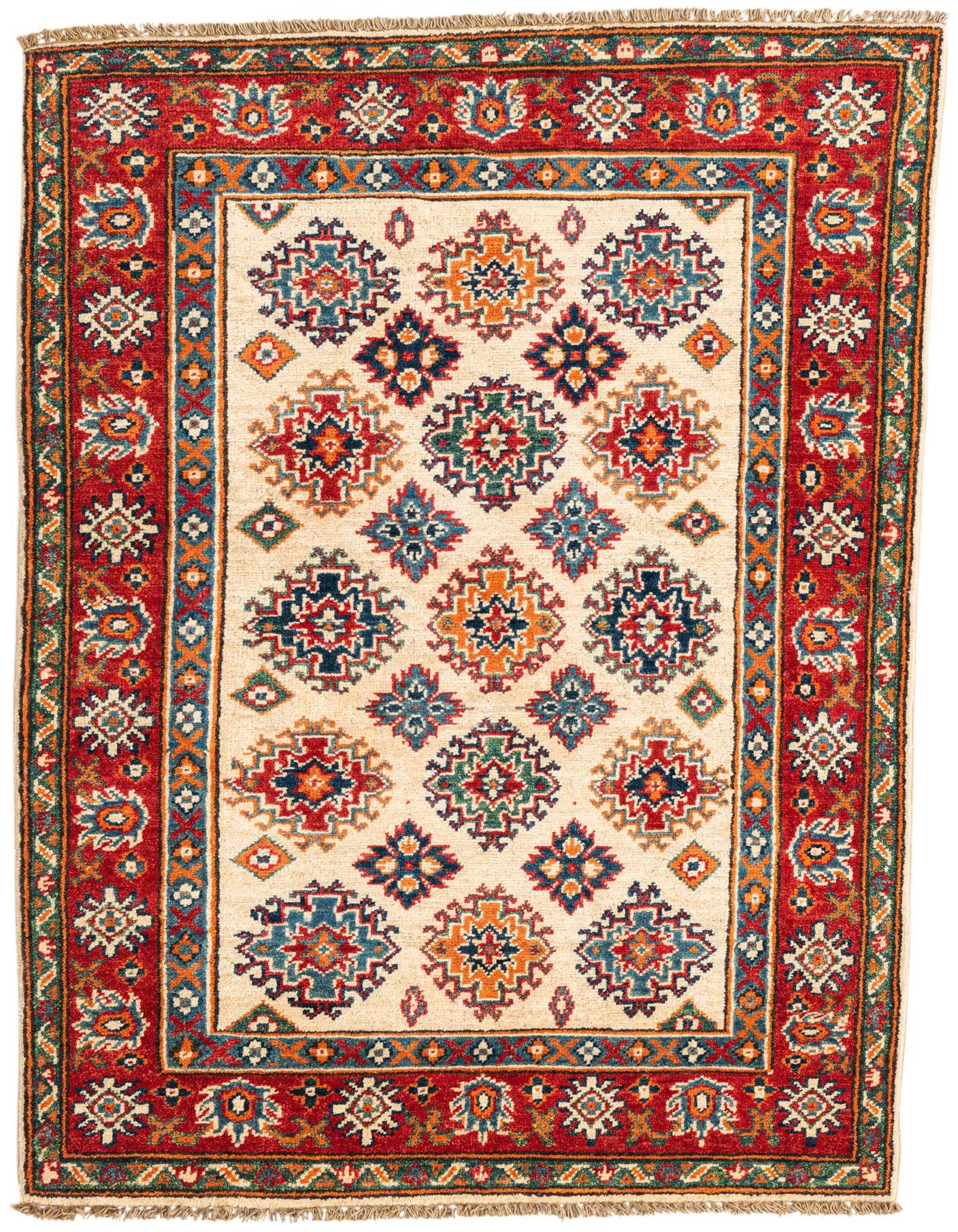 A 3x5 rectangular ivory and red traditional rug with Southwestern and Oriental patterns, ideal for a kitchen or entryway.