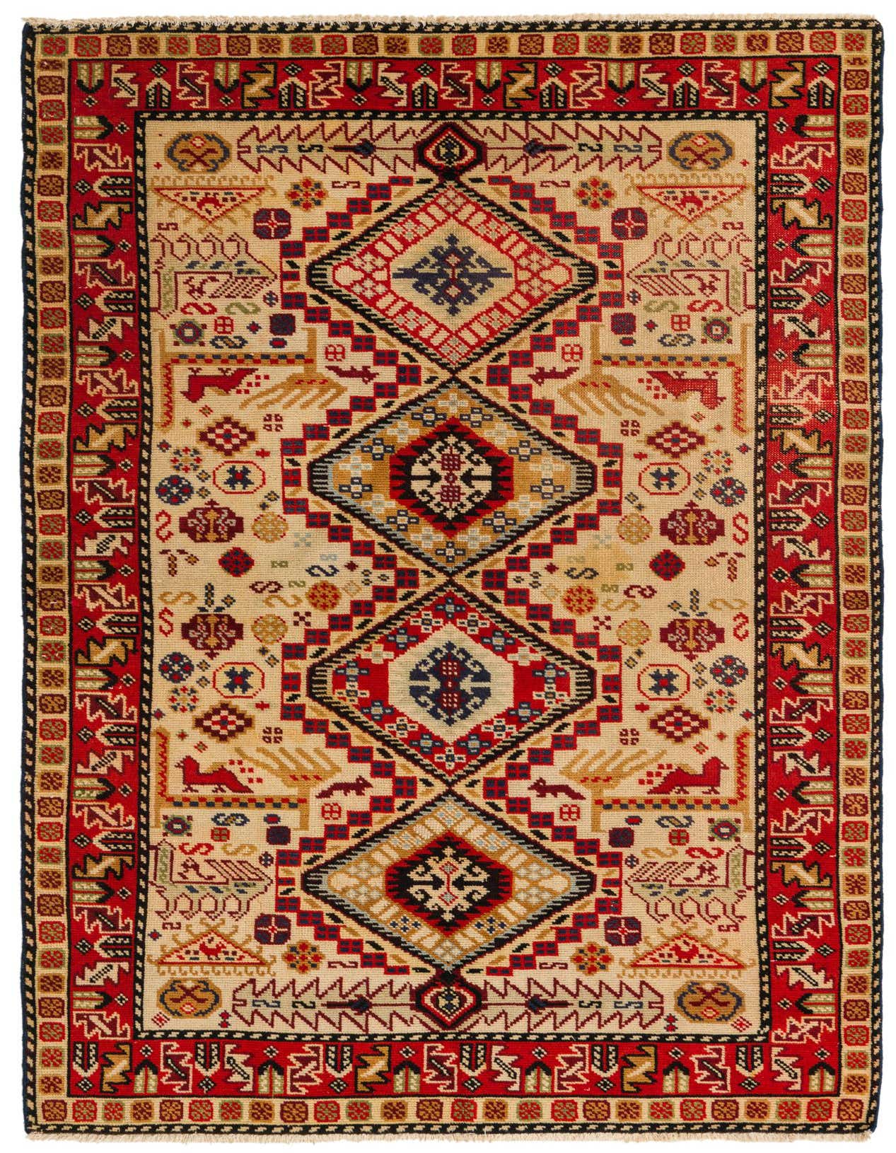 A 5x8 rectangular ivory wool rug with a traditional Oriental medallion pattern in red, blue, and gold.