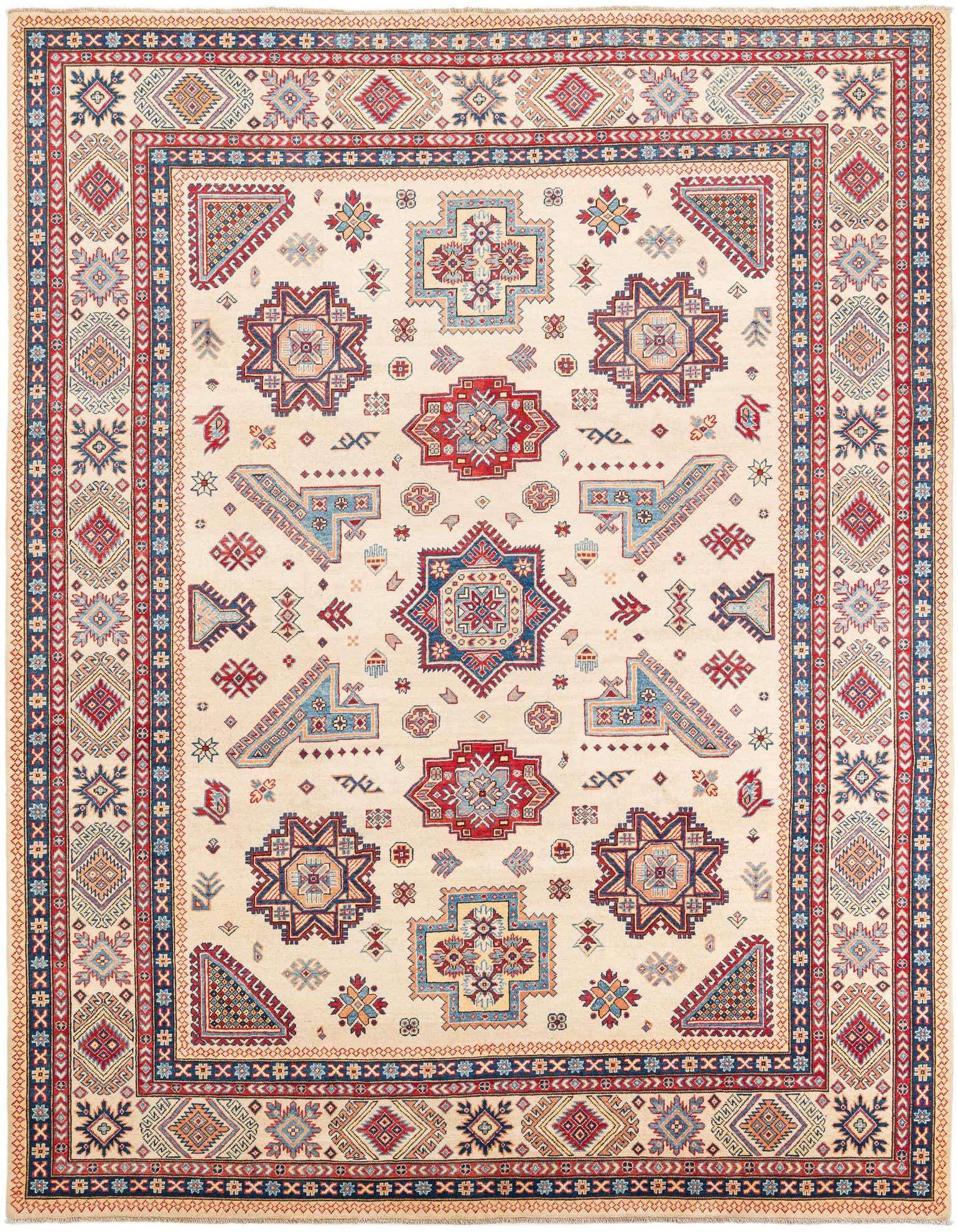 A 9x12 rectangular ivory rug with a vibrant modern oriental pattern in red, blue, and gold tones.