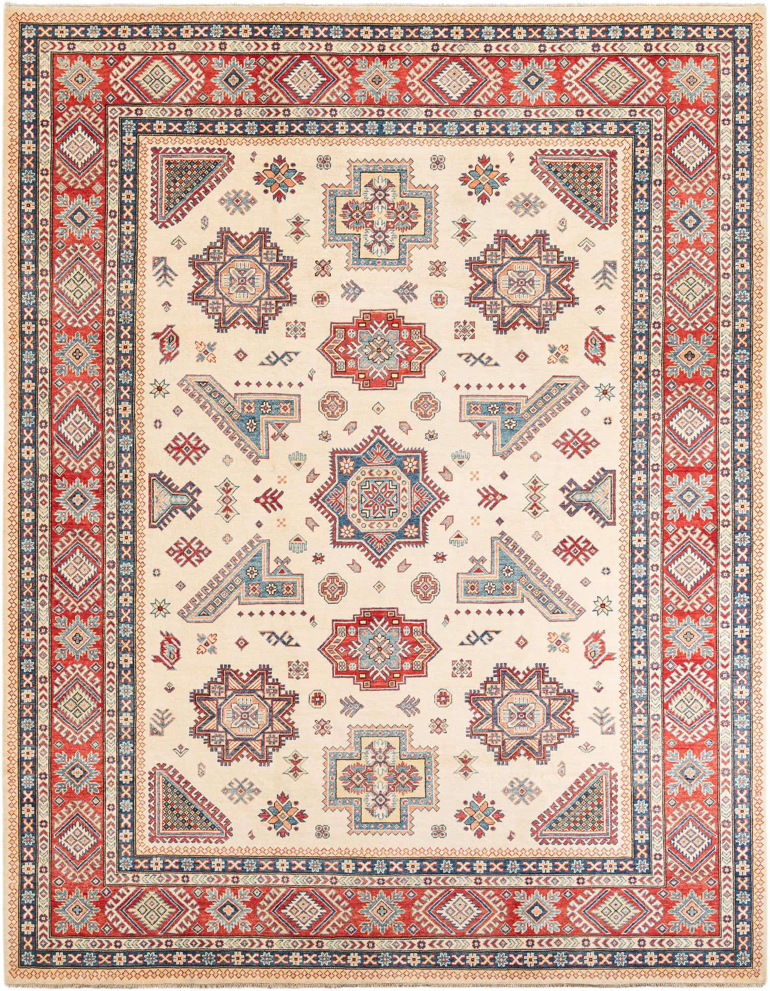 A 9x12 rectangular ivory rug with a vibrant red and blue geometric oriental pattern, suitable for a living room.