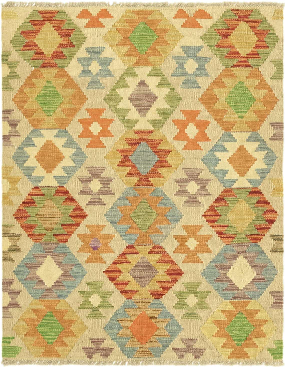 A 3x4 rectangular Kilim Maymana rug featuring a Southwestern geometric pattern in ivory, cream, and white, with colorful diamond and tribal motifs.