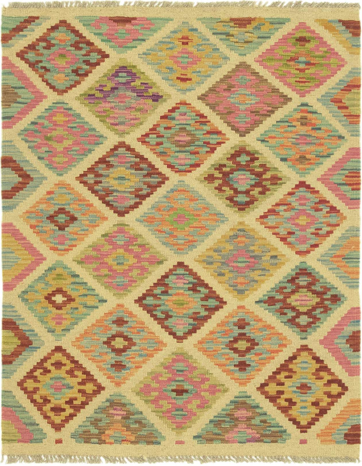 A 3x5 rectangular Kilim Maymana rug with a cream background and colorful Southwestern diamond patterns in pink, blue, orange, and green.