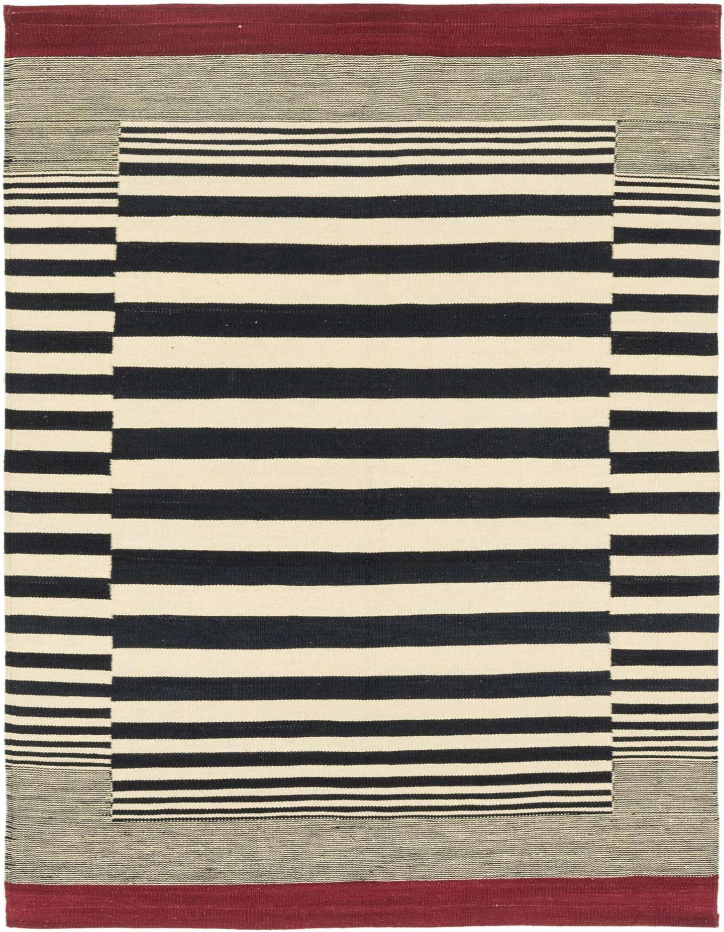 A 4x6 rectangular Kilim Modern rug with bold black and cream stripes, framed by a textured light gray border and a deep red outer edge.