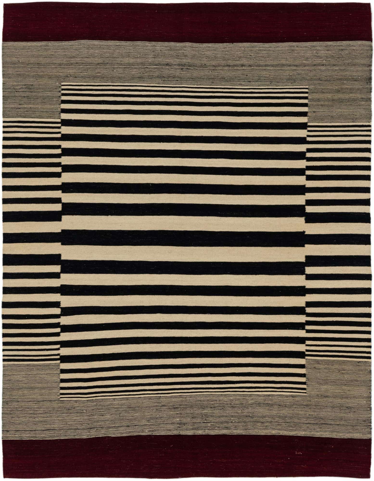 A 6x9 rectangular Kilim Modern rug with a central ivory and black striped pattern, bordered by light grey and deep burgundy bands.