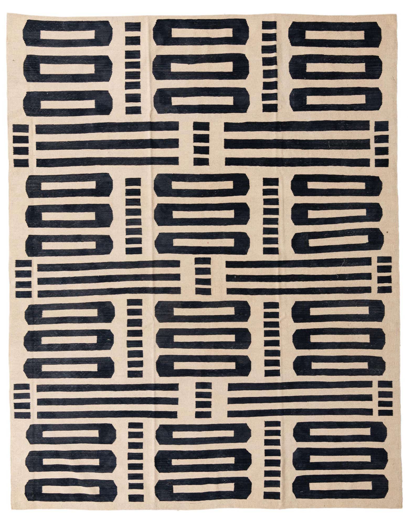 An 8x10 rectangular flatweave rug featuring a bold, modern tribal pattern in black on an ivory background.