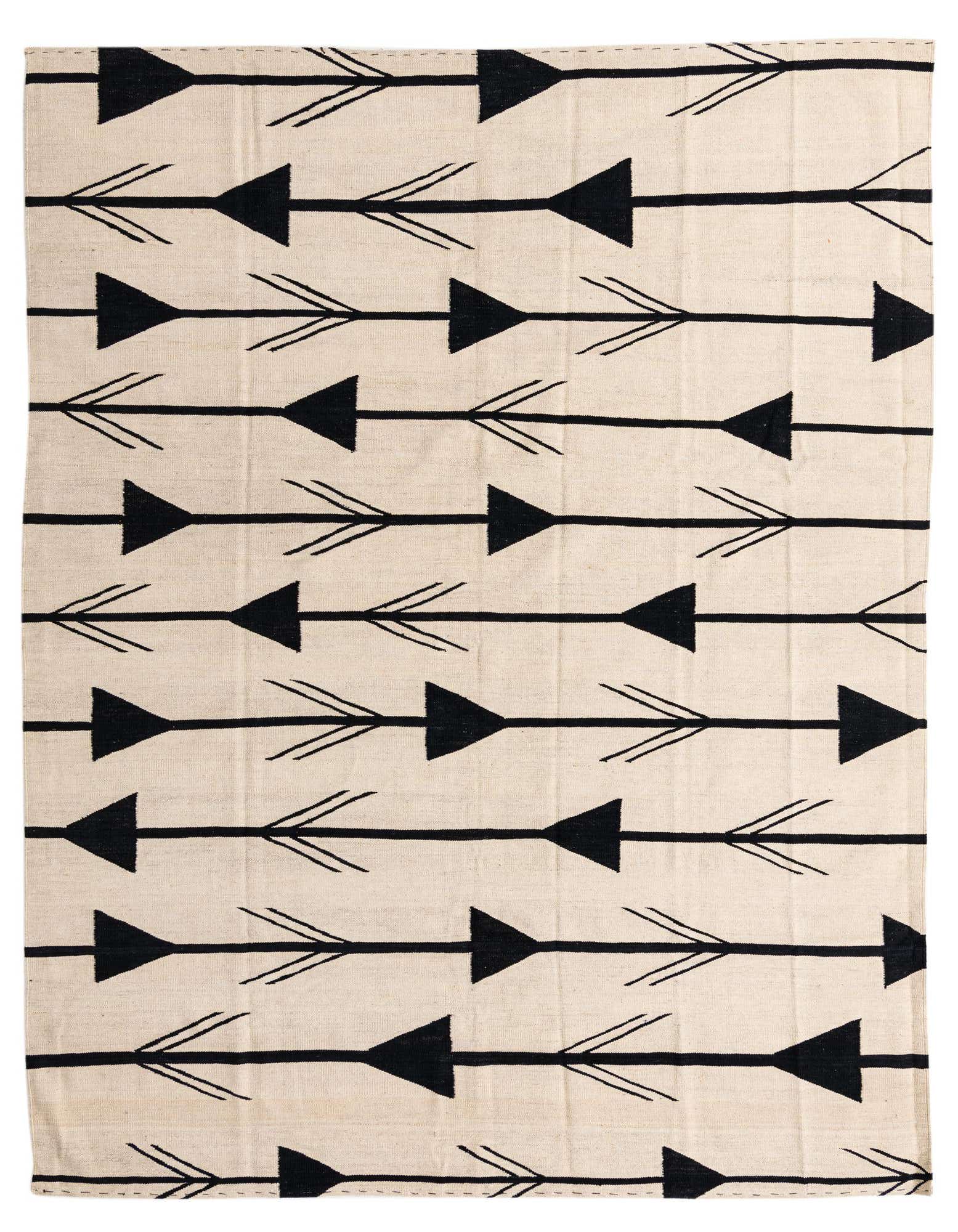 An 8x10 rectangular ivory flatweave rug with a modern tribal pattern of horizontal black arrows.