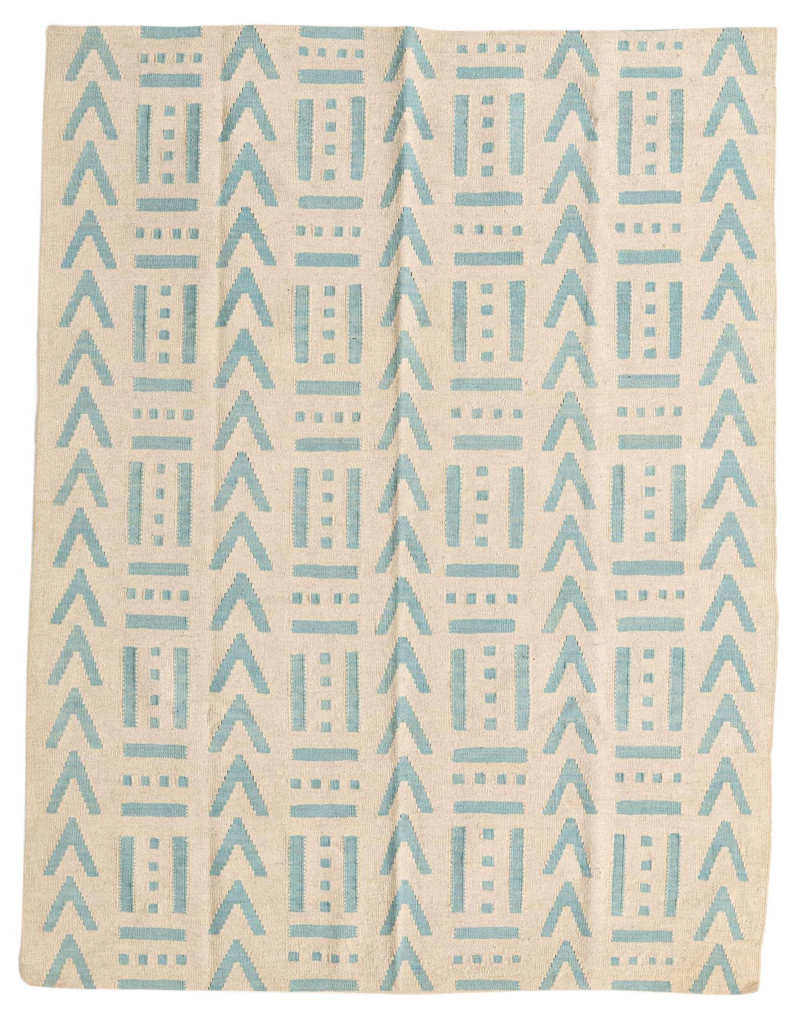 A 5x8 rectangular ivory wool flatweave rug with a modern tribal pattern in light blue, suitable for a living room.