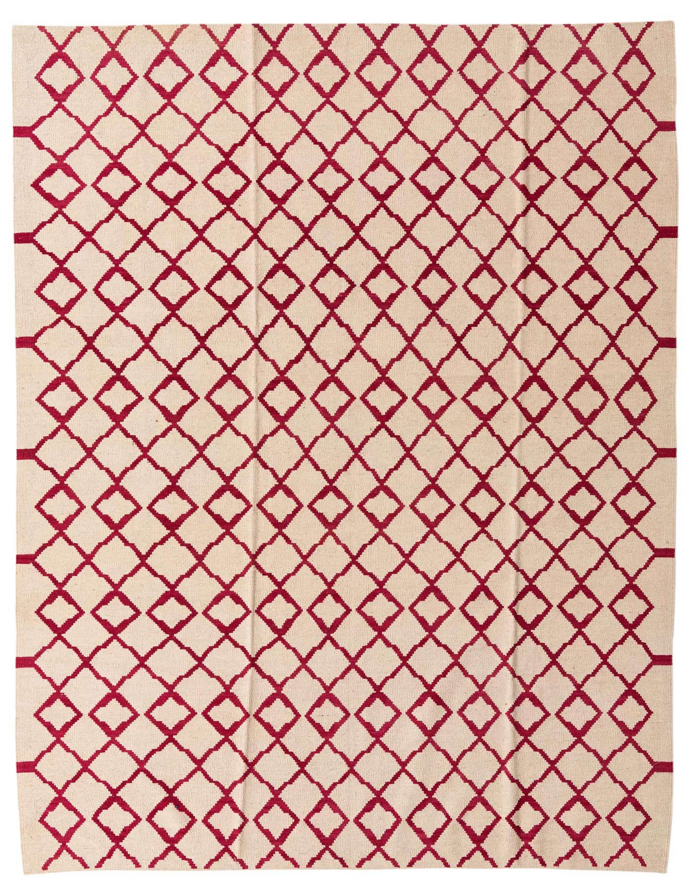 A 7x10 rectangular flatweave rug with an ivory background and a repetitive red tribal diamond pattern.