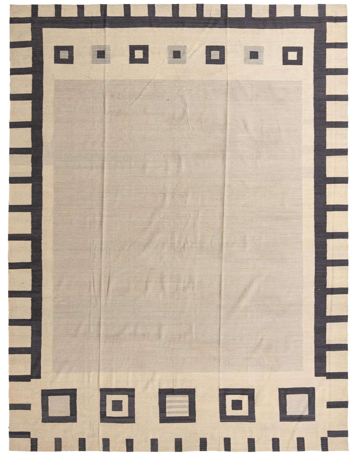 A 10x14 rectangular ivory and charcoal flatweave wool rug with a modern tribal border design.