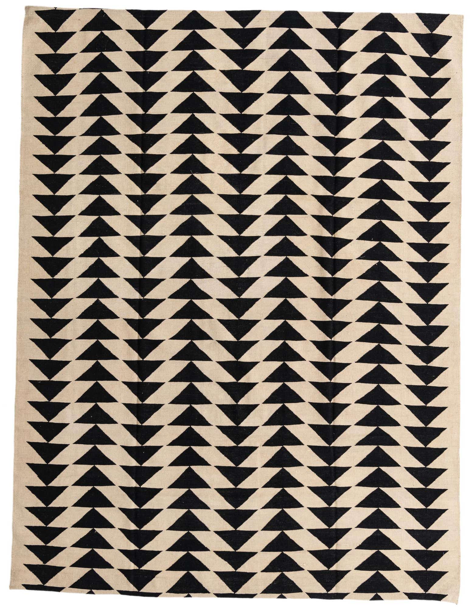 An 8x10 rectangular flatweave rug featuring a bold, repeating black triangle pattern on an ivory background.