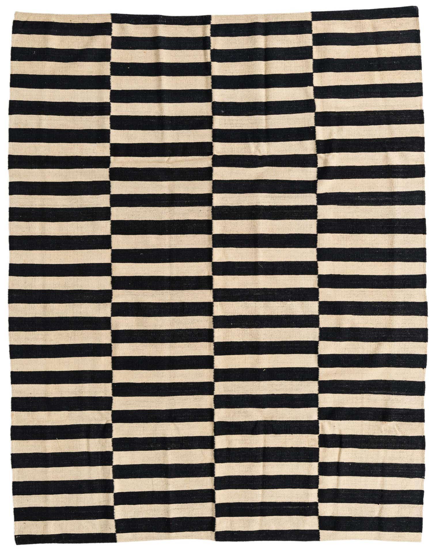 A 5x8 rectangular Kilim Modern area rug featuring bold black and ivory stripes in a tribal block pattern.