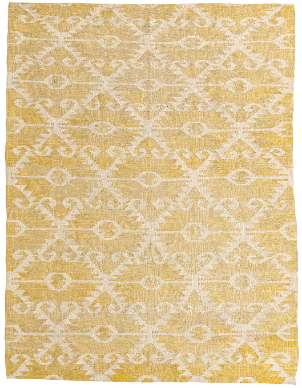 A 5x8 rectangular Kilim Modern wool rug featuring an ivory tribal pattern on a cream background, suitable for indoor spaces.