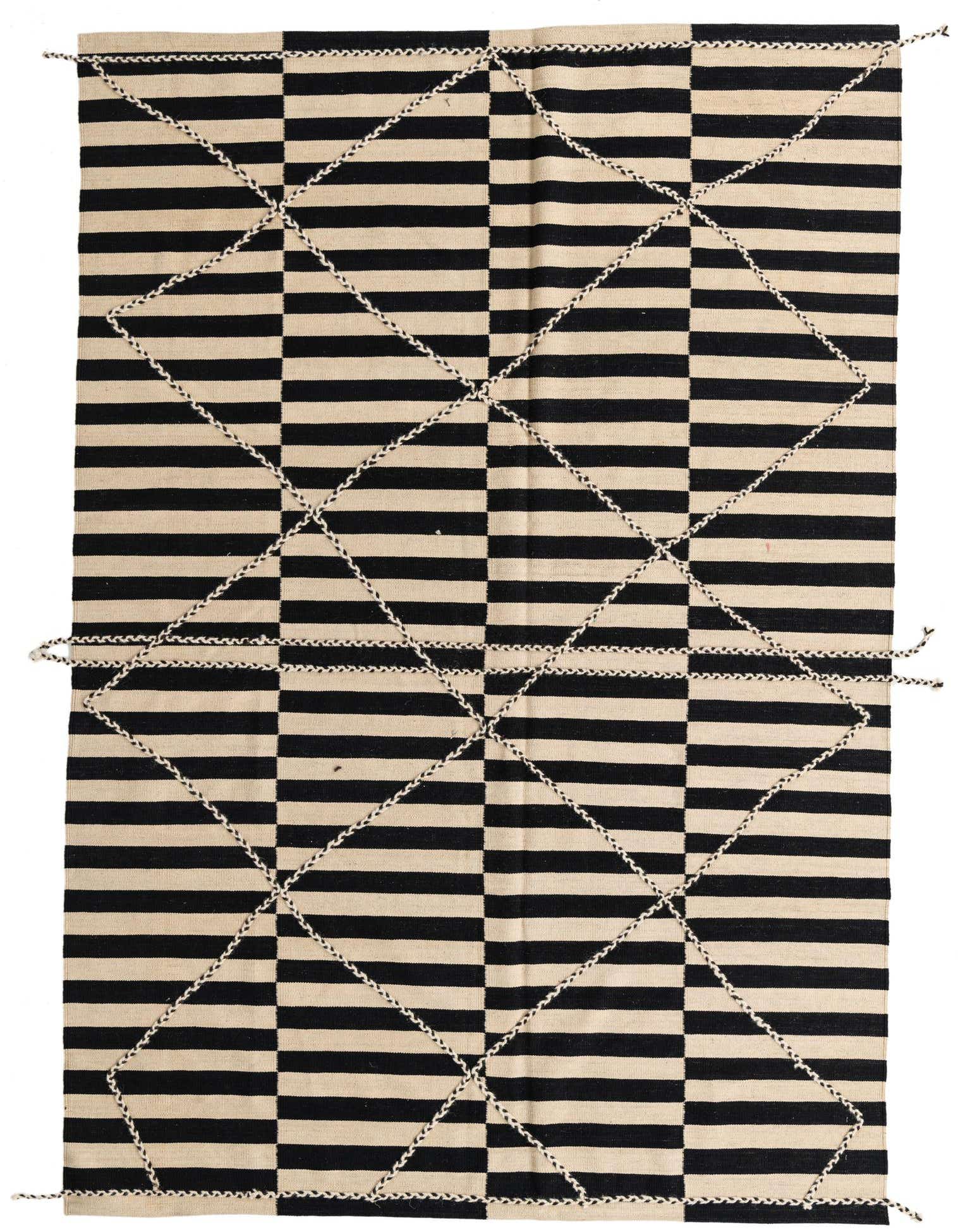 A 7x10 rectangular flatweave rug with bold black and ivory stripes, overlaid with a diamond pattern in braided ivory yarn, suitable for a living room.