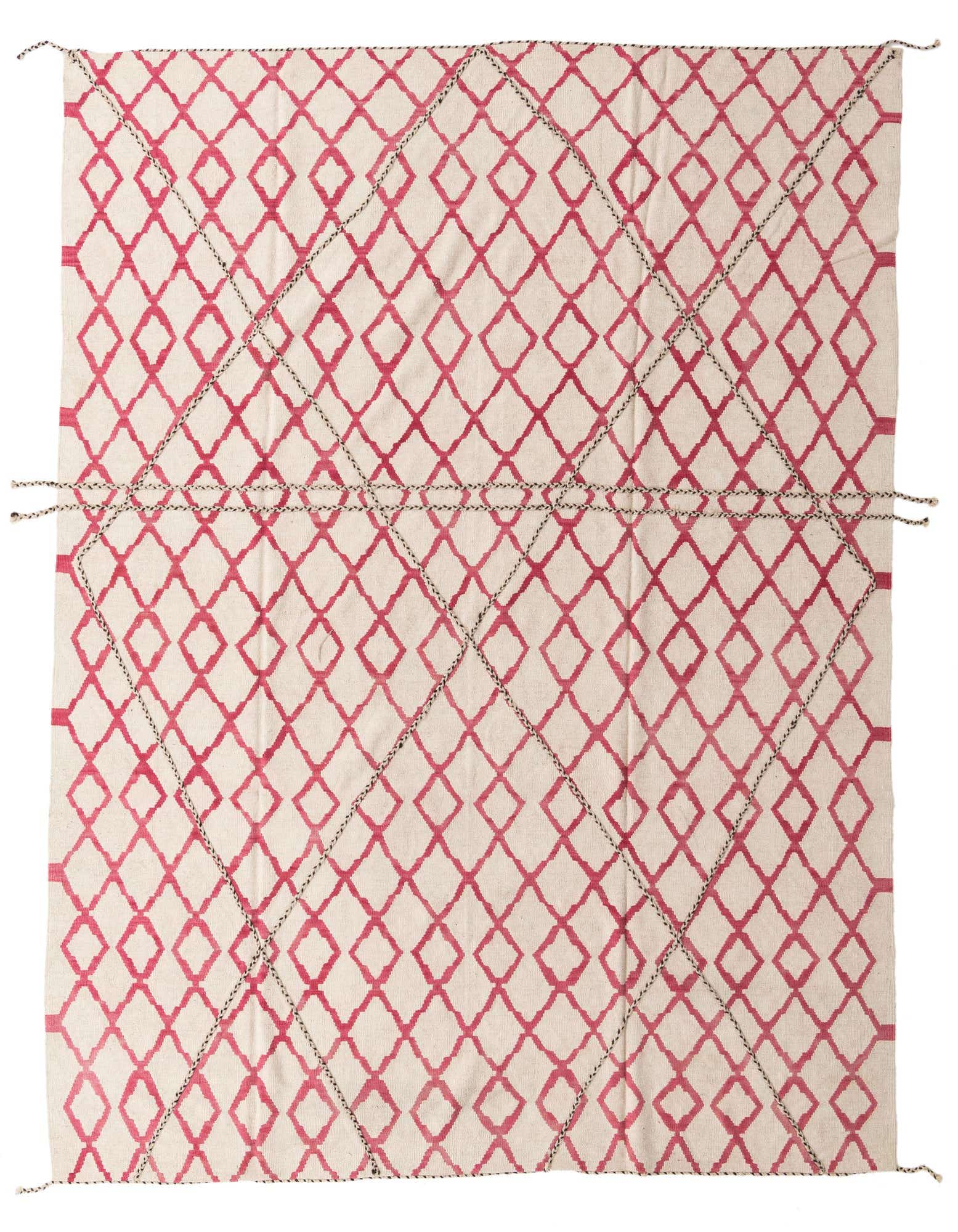An 8x10 rectangular ivory flatweave rug with a repeating pattern of distressed red diamond shapes and black stitched lines.