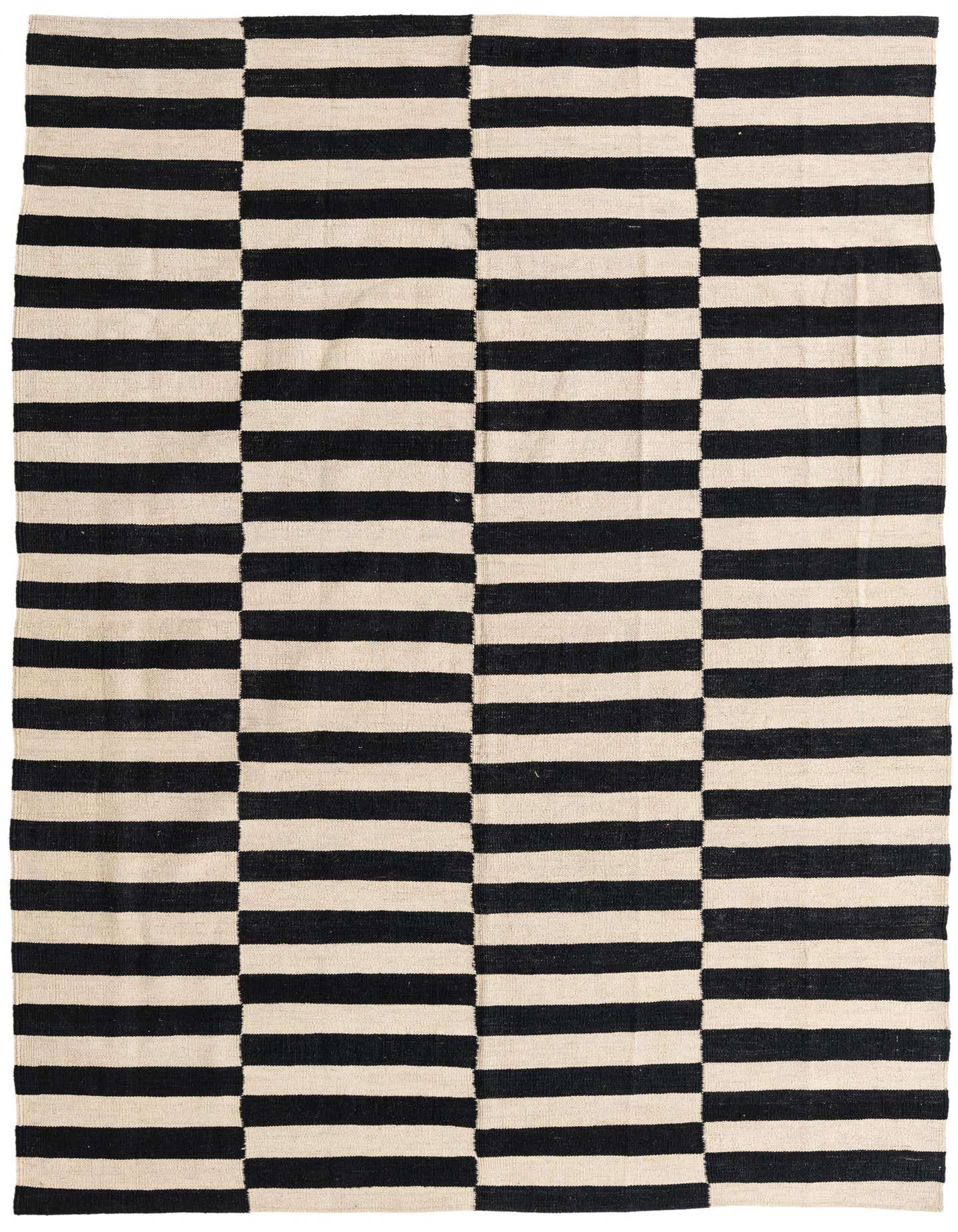 A 5x8 rectangular Kilim Modern rug from Rugs.com with bold black and ivory horizontal stripes, arranged in a modern tribal pattern.