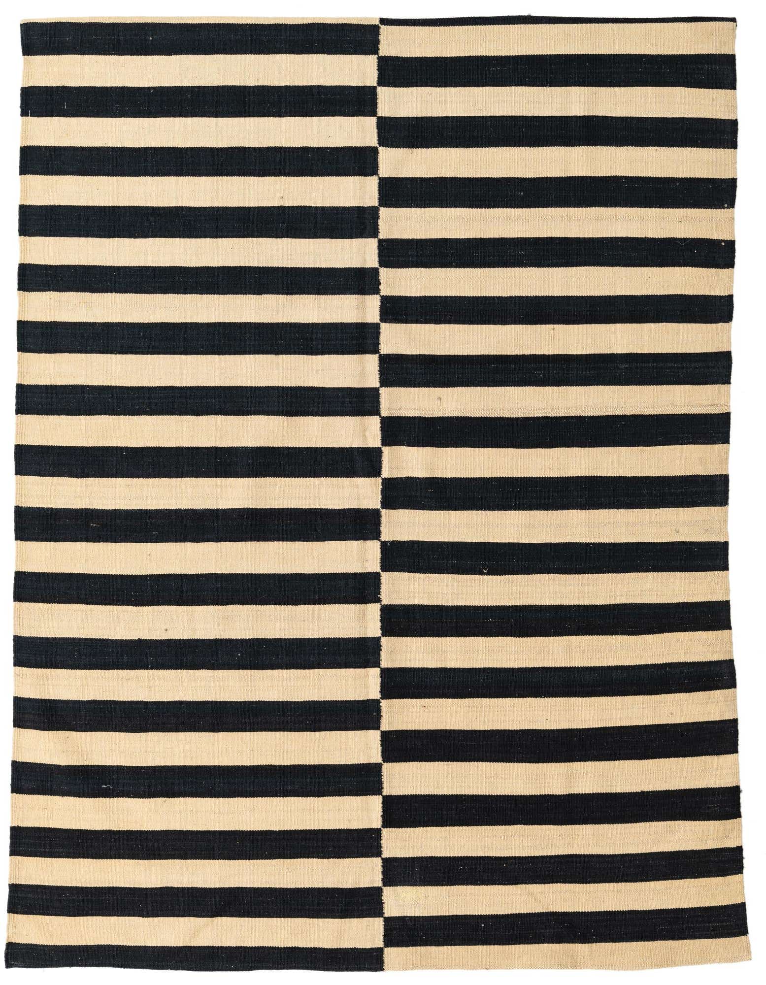 A 5x8 rectangular Kilim Modern rug with bold black and ivory stripes, handmade from 100% wool.
