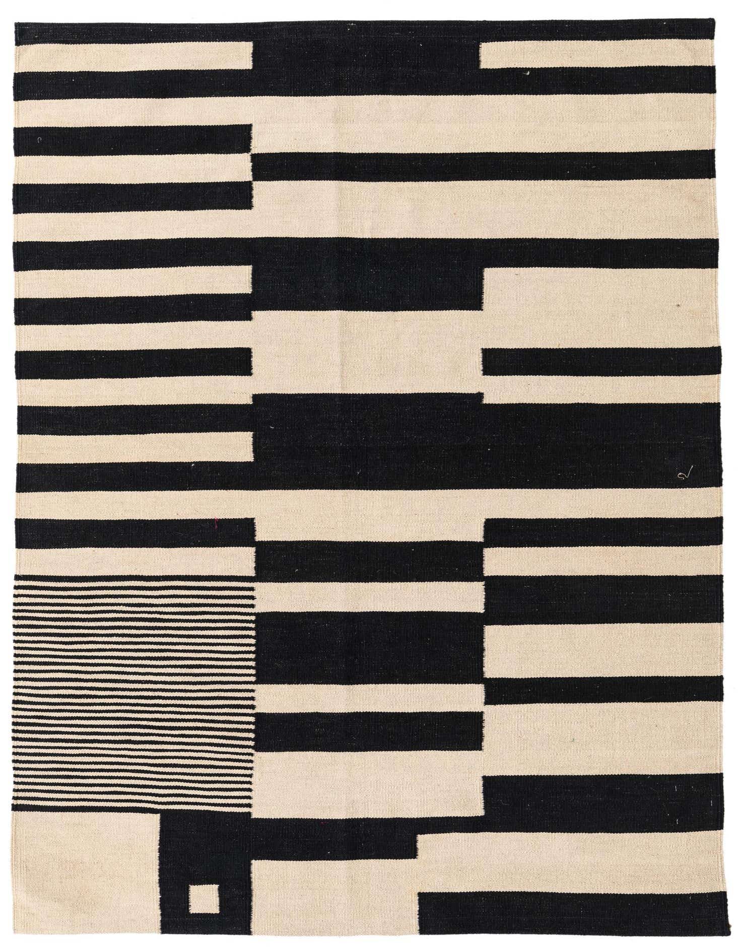 A 5x8 rectangular Kilim Modern wool rug with a bold ivory and black abstract tribal pattern.